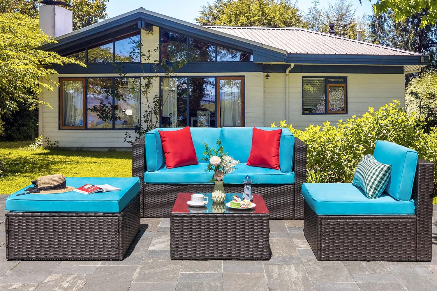 ZenVora 5-Piece All-Weather Patio Furniture Set with Ottoman, Outdoor Wicker Conversation Sofa Set with Cushions for Garden, Deck & Backyard