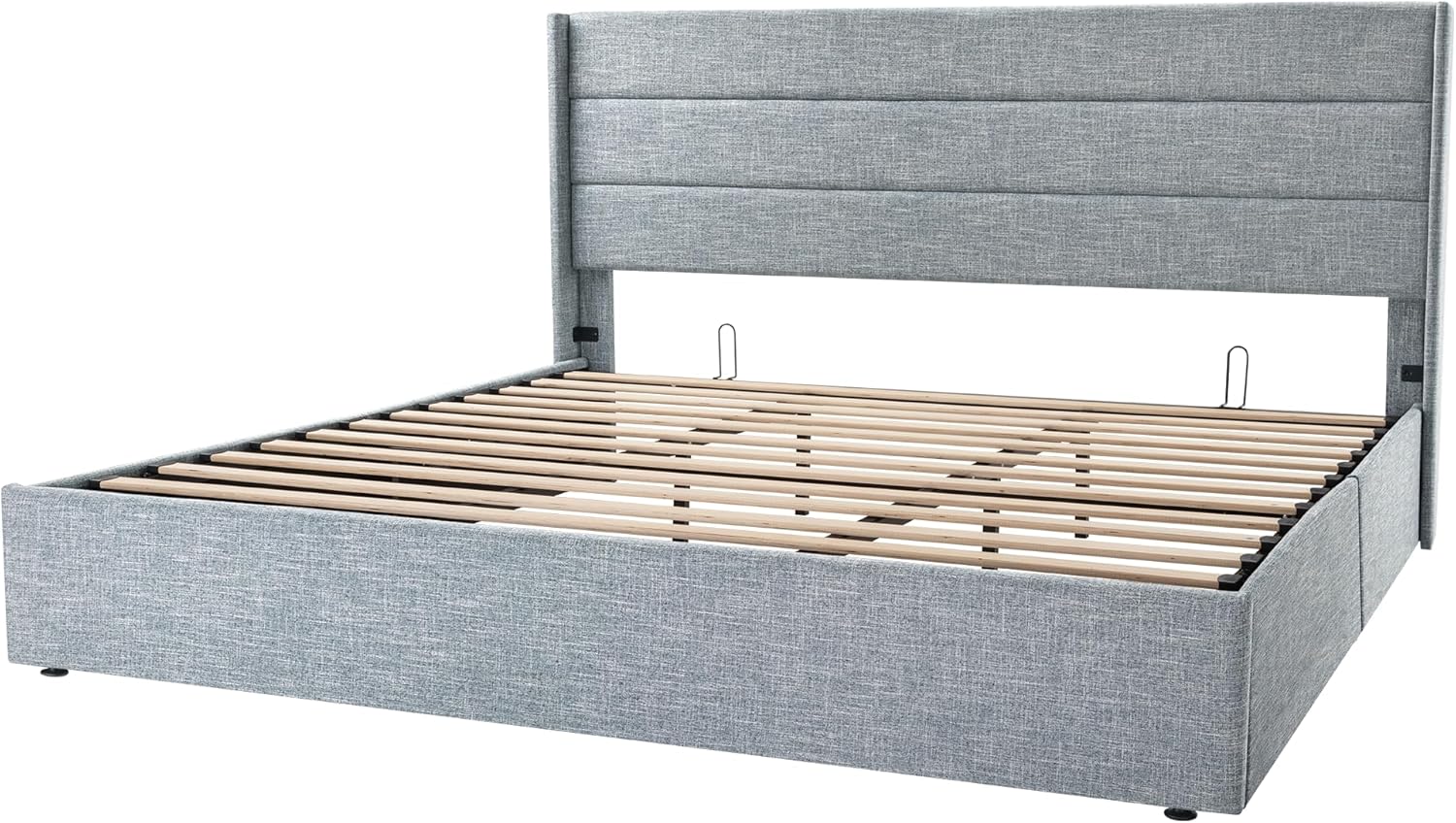 ZenVora Queen Size Lift Up Storage Bed with Wingback Headboard, Upholstered Platform Bed Frame with Hidden Storage