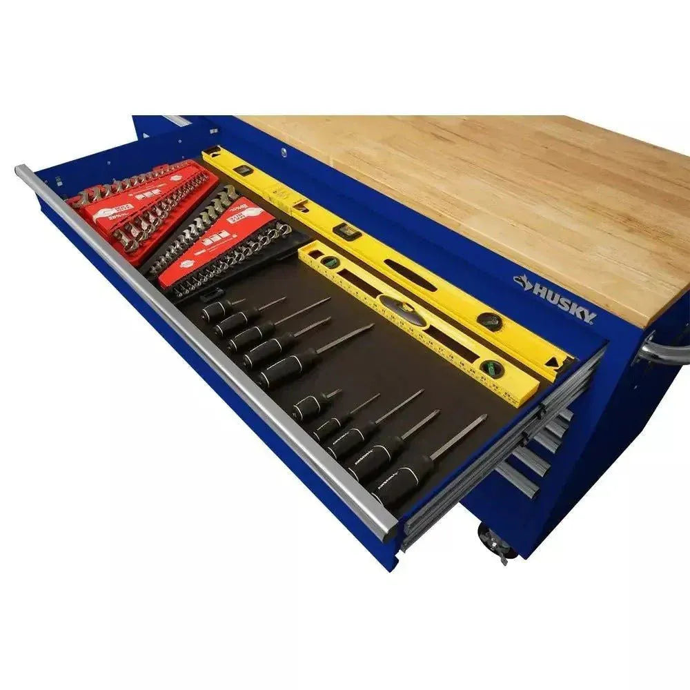 ZenVora 72-Inch 18-Drawer Mobile Workbench with Solid Wood Top, Gloss Blue