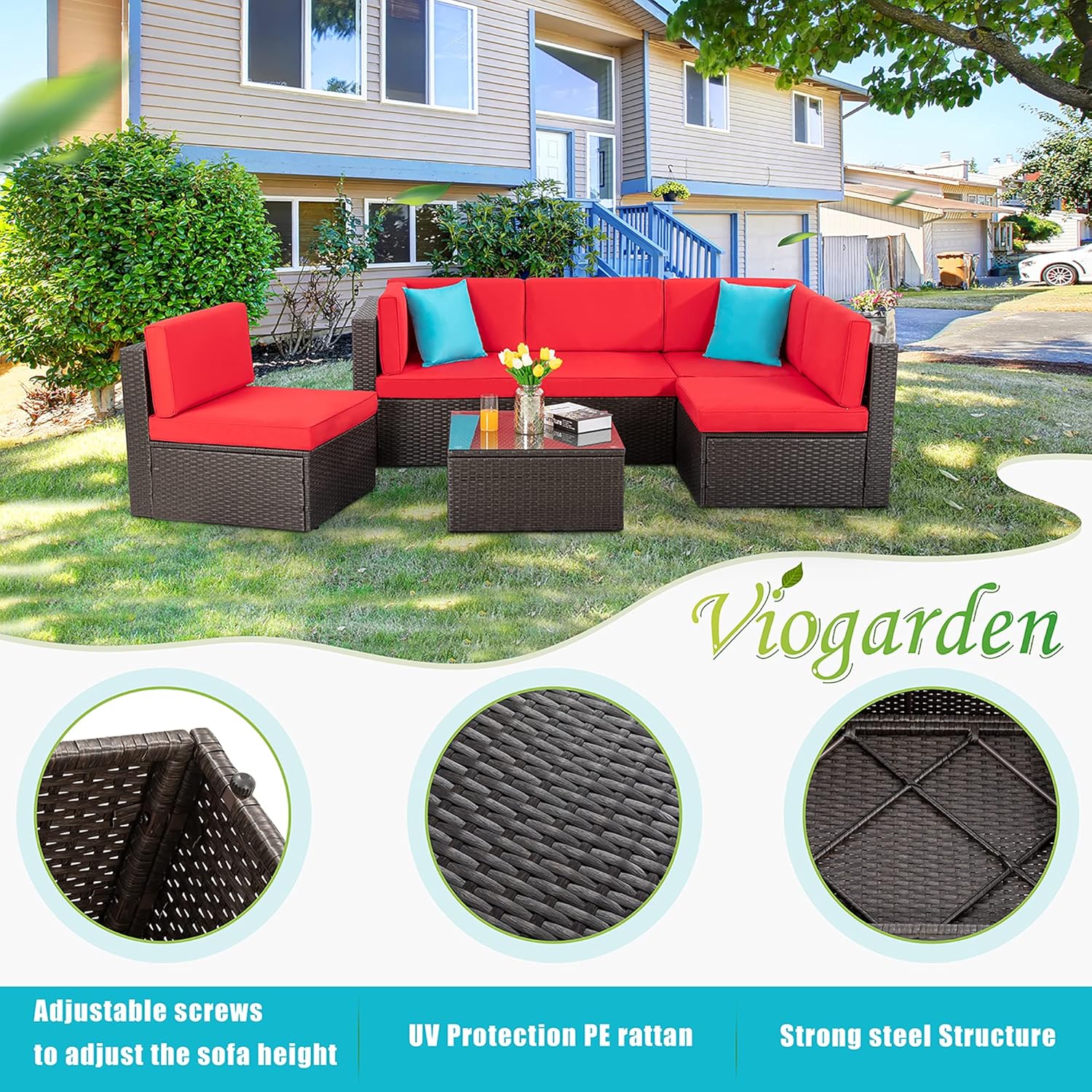 ZenVora 5-Piece All-Weather Patio Furniture Set with Ottoman, Outdoor Wicker Conversation Sofa Set with Cushions for Garden, Deck & Backyard