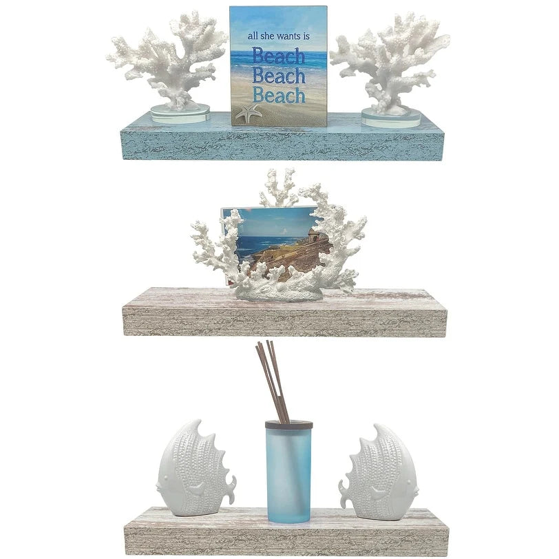 ZenVora 3-Pack Rustic Wood Floating Wall Shelves, Beach Style Hanging Display and Storage Shelves