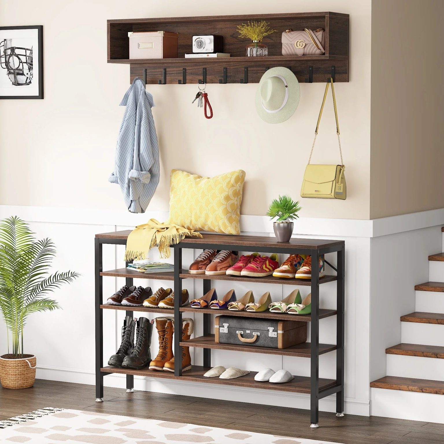 ZenVora Entryway Coat Rack and Shoe Bench Set, Industrial Hall Tree with Coat and Shoe Storage