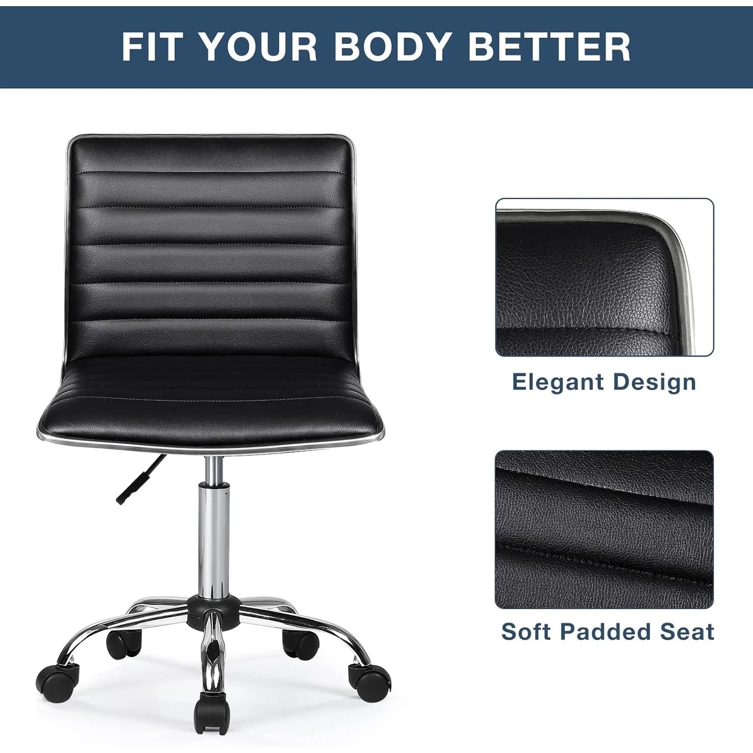 ZenVora Adjustable Mid-Back Armless Swivel Office Chair, Ribbed Task and Vanity Chair for Small Spaces