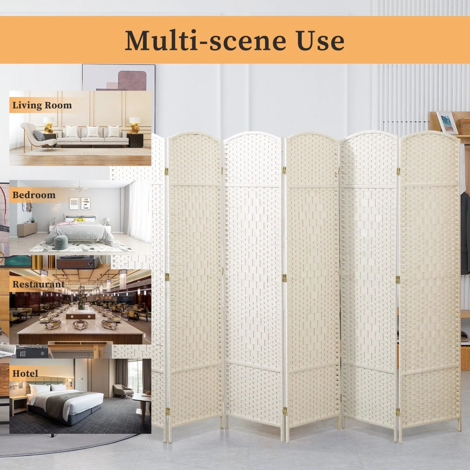 ZenVora 6 FT Tall Woven Fiber Room Divider, Freestanding Folding Privacy Screen