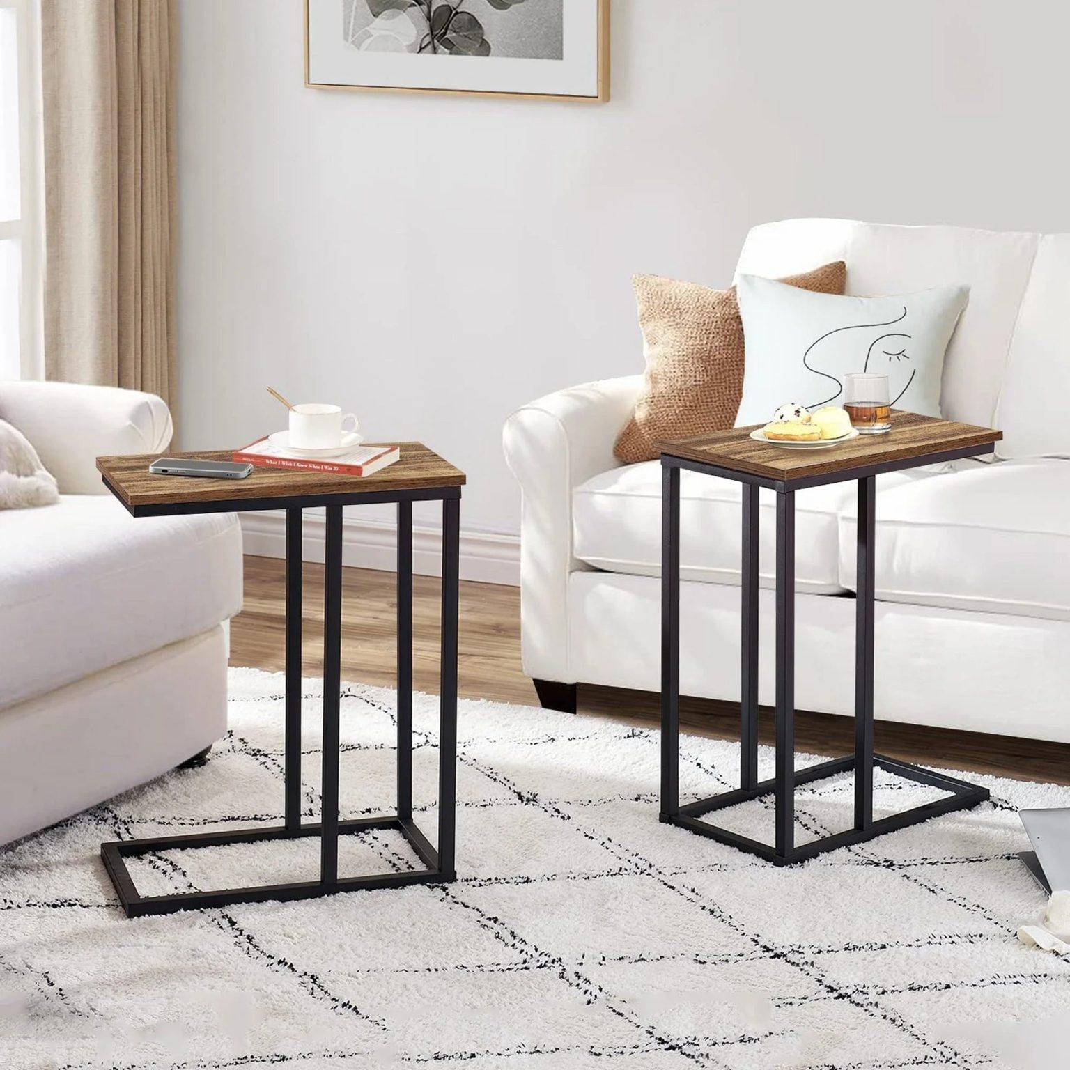 ZenVora Set of 2 C-Shaped Sofa Side Tables, Small End Tables for Living Room, Bedside and TV Tray
