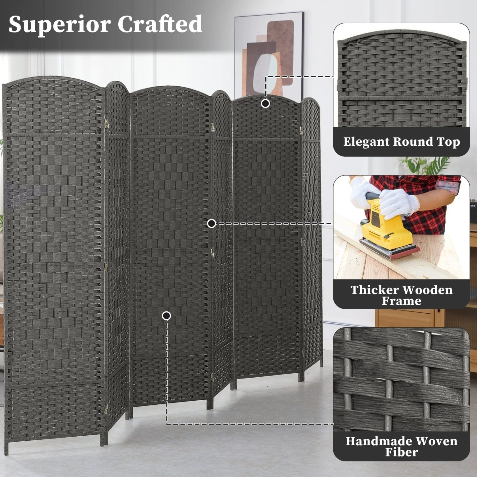 ZenVora 6 FT Tall Woven Fiber Room Divider, Freestanding Folding Privacy Screen