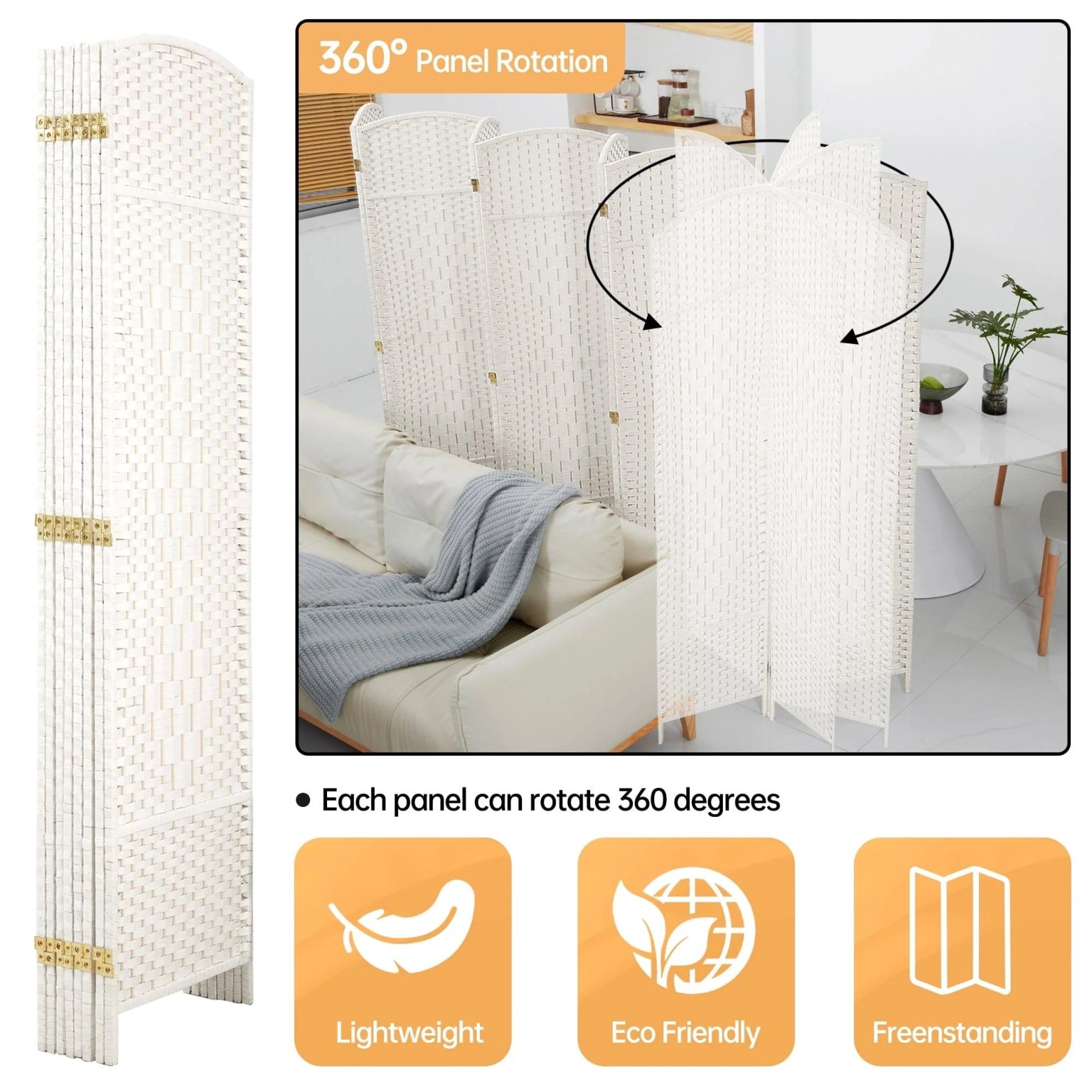 ZenVora 6 FT Tall Woven Fiber Room Divider, Freestanding Folding Privacy Screen