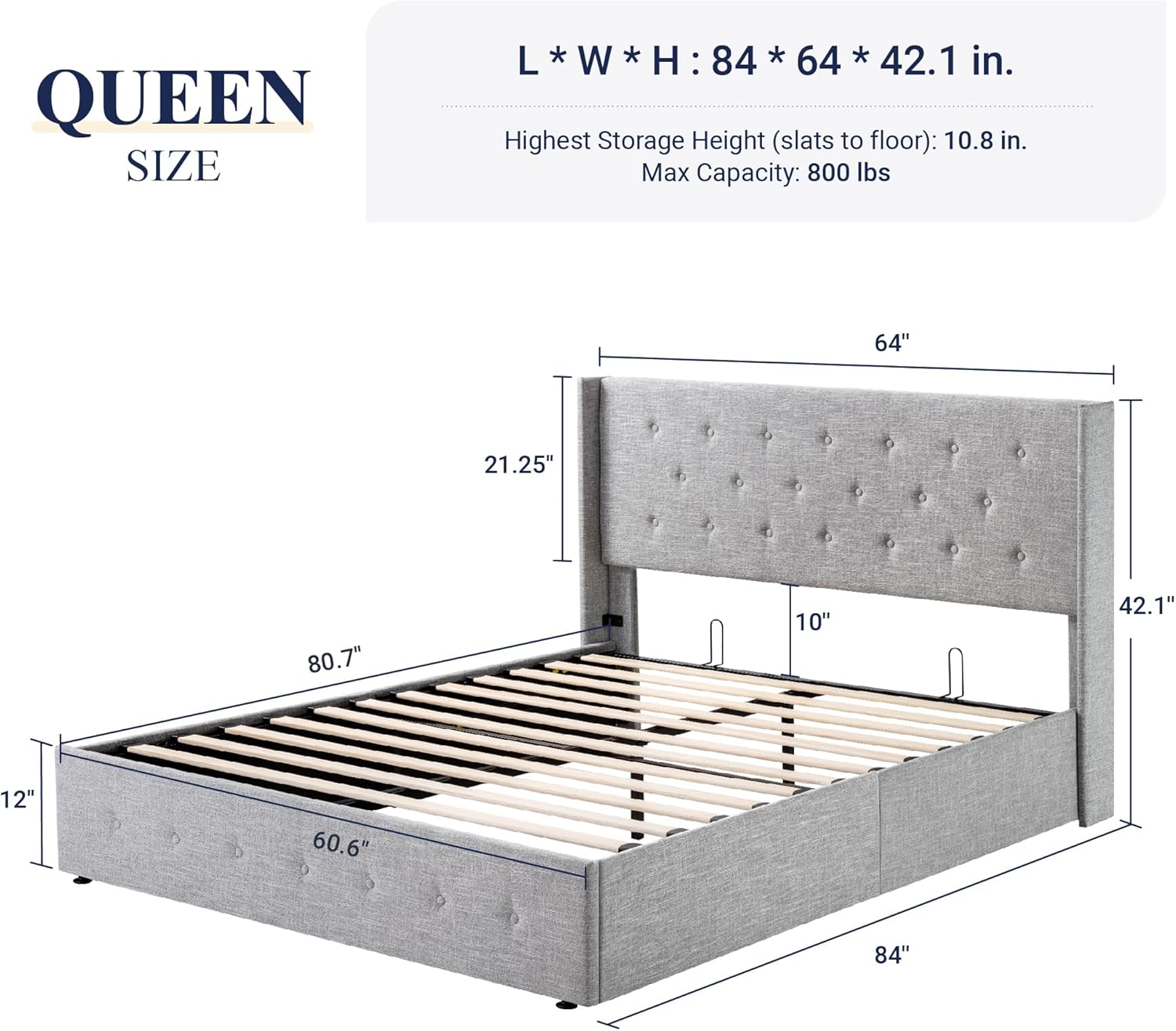 ZenVora Queen Size Lift Up Storage Bed with Wingback Headboard, Upholstered Platform Bed Frame with Hidden Storage
