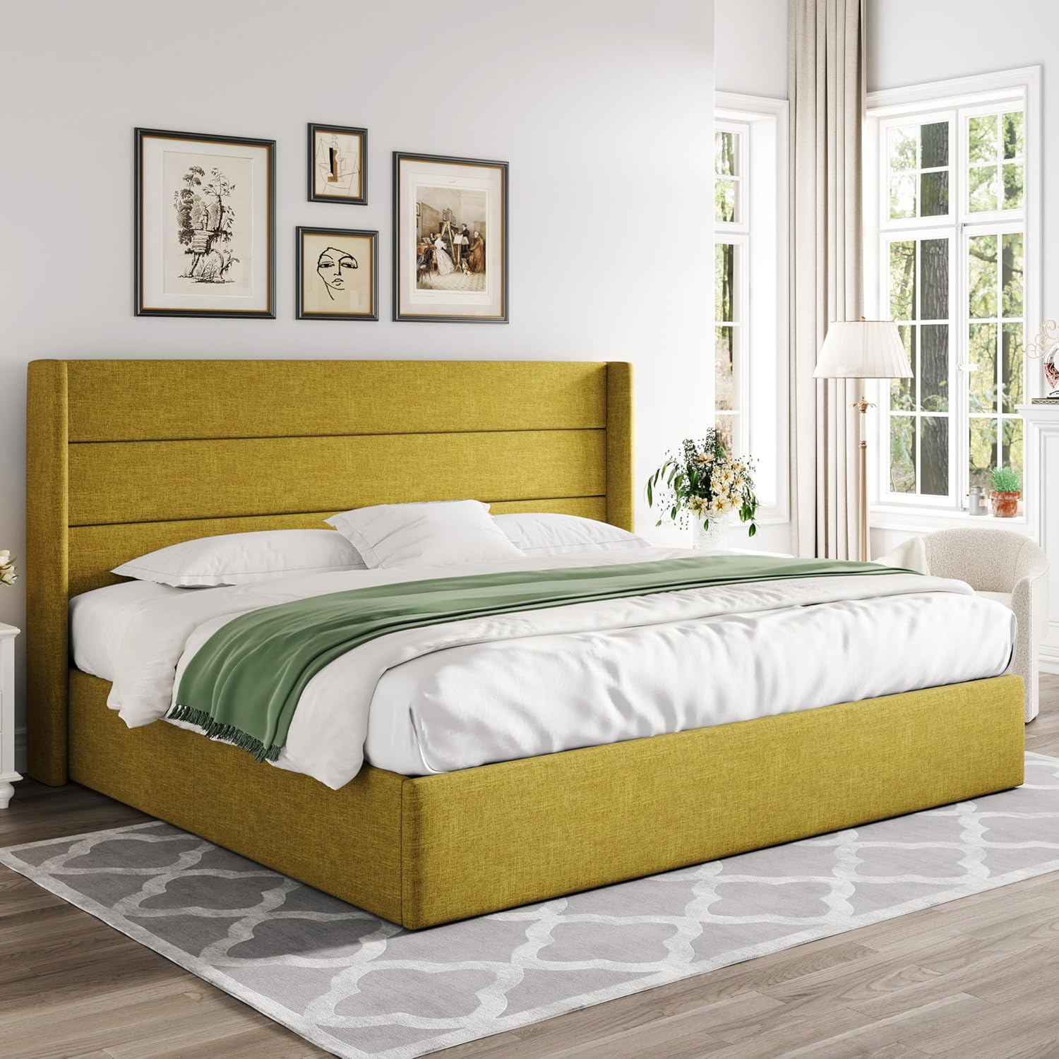 ZenVora Queen Size Lift Up Storage Bed with Wingback Headboard, Upholstered Platform Bed Frame with Hidden Storage