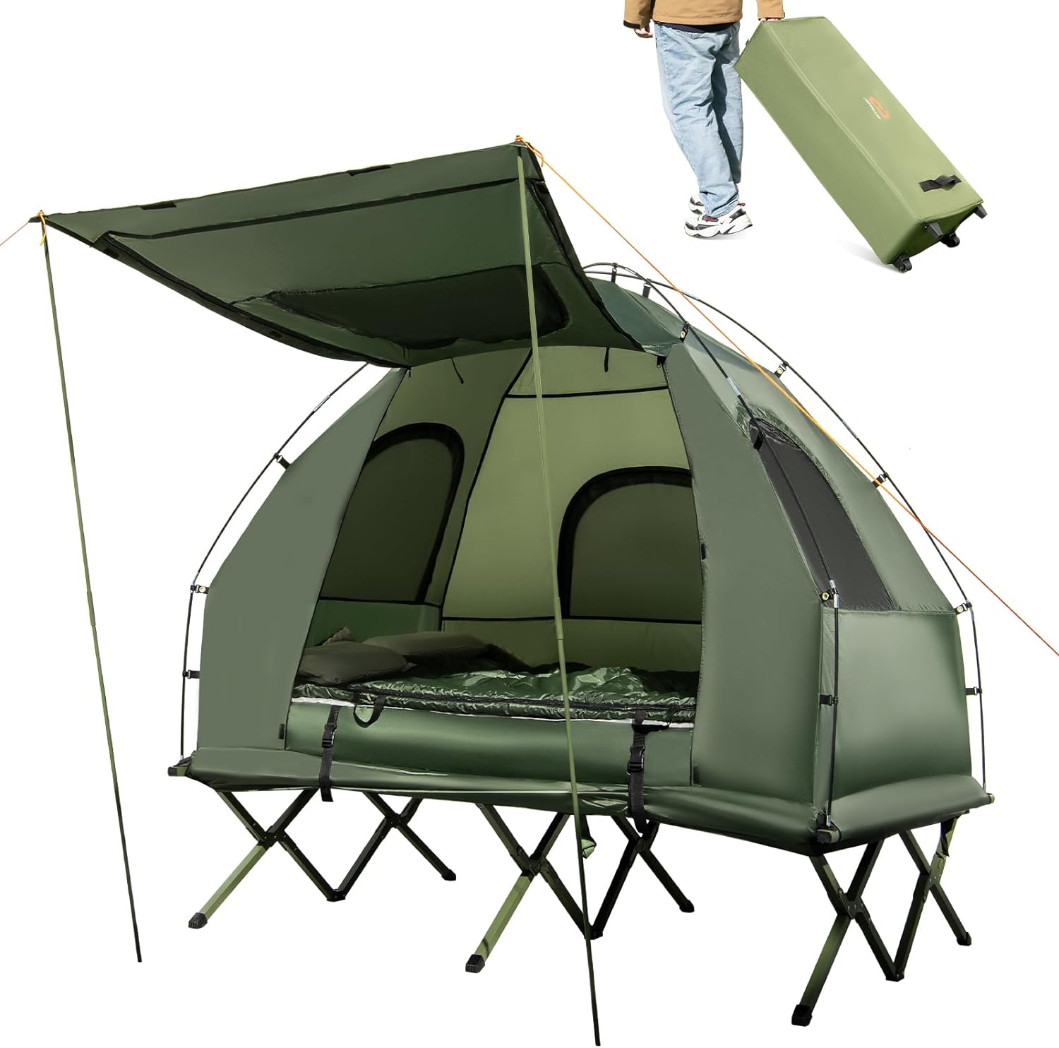 ZenVora 5-in-1 Camping Tent Cot with Air Mattress, Pillow, Sleeping Bag, Waterproof Elevated Folding Bed