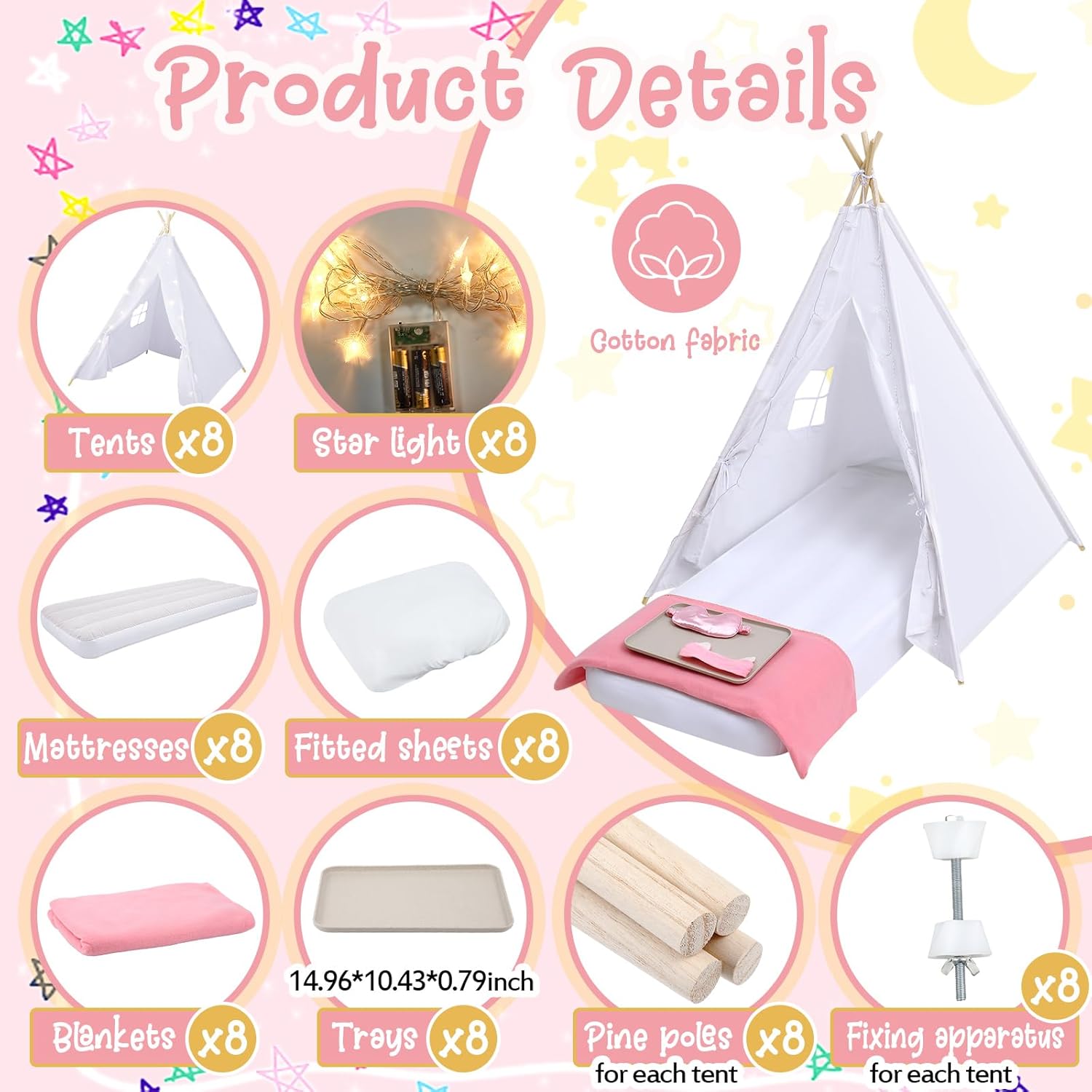 ZenVora 8-Pack Kids Teepee Tent Set for Sleepover Parties, White