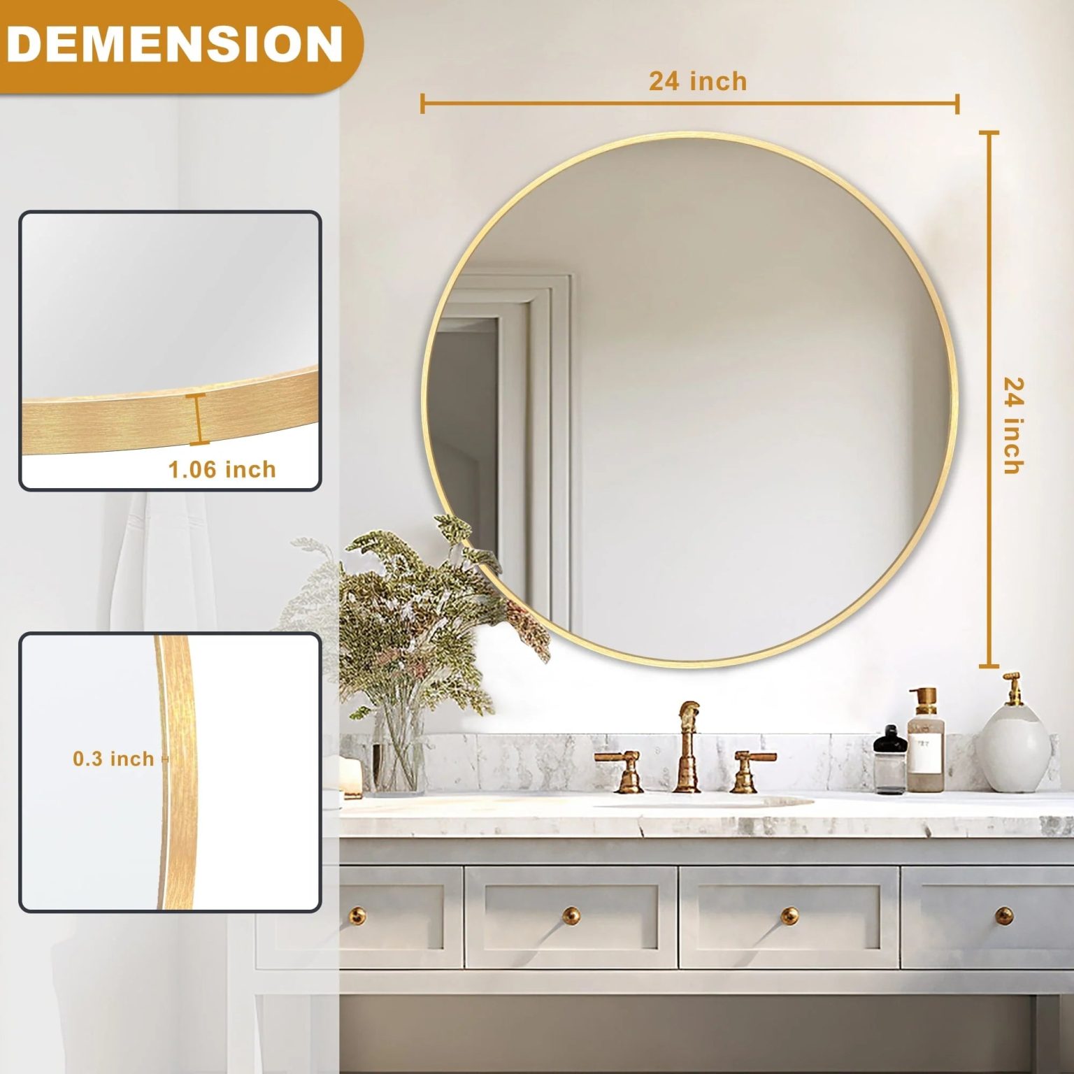 ZenVora Modern Round Bathroom Vanity Mirror, Wall Mounted Circular Mirror for Bathroom, Bedroom and Home Decor