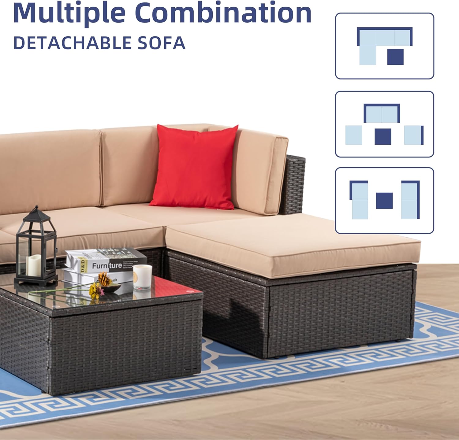 ZenVora 5-Piece All-Weather Patio Furniture Set with Ottoman, Outdoor Wicker Conversation Sofa Set with Cushions for Garden, Deck & Backyard