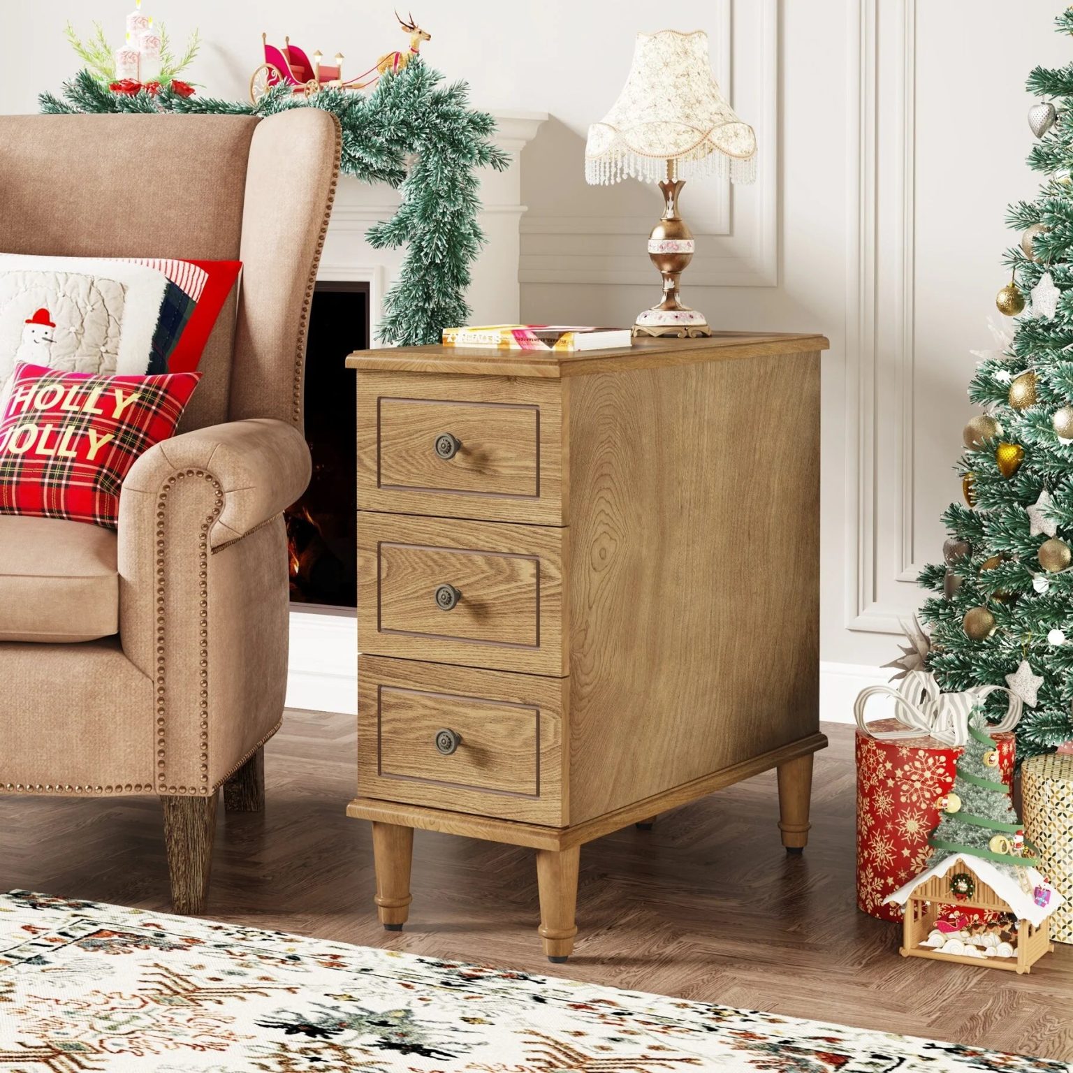 ZenVora Fully Assembled Narrow End Table, Solid Wood Side Table with 3 Drawers, Vintage Nightstand for Small Spaces