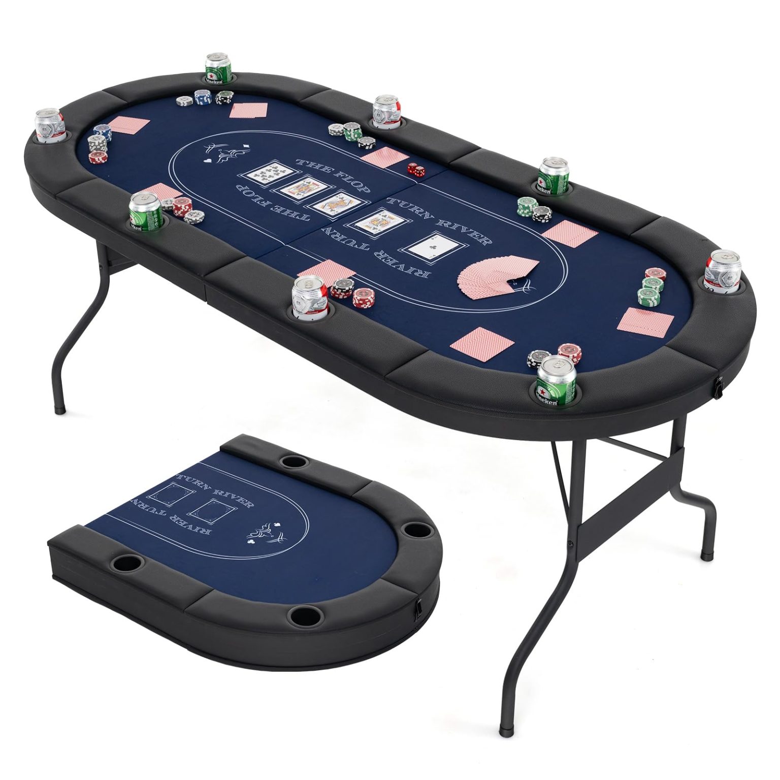 ZenVora Foldable Poker Table for 8 Players, Card Game Table with Deep Metal Cup Holders
