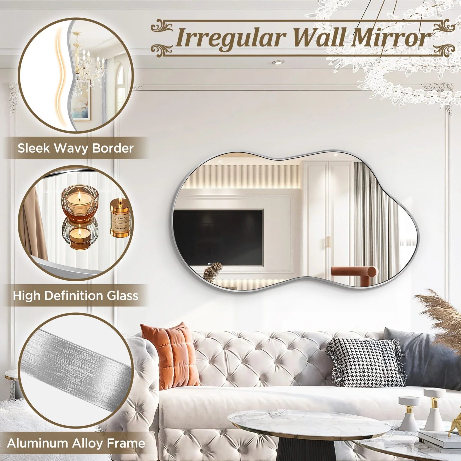 ZenVora Asymmetrical Irregular Wall Mirror, Modern Decorative Accent Mirror for Living Room, Bedroom and Entryway