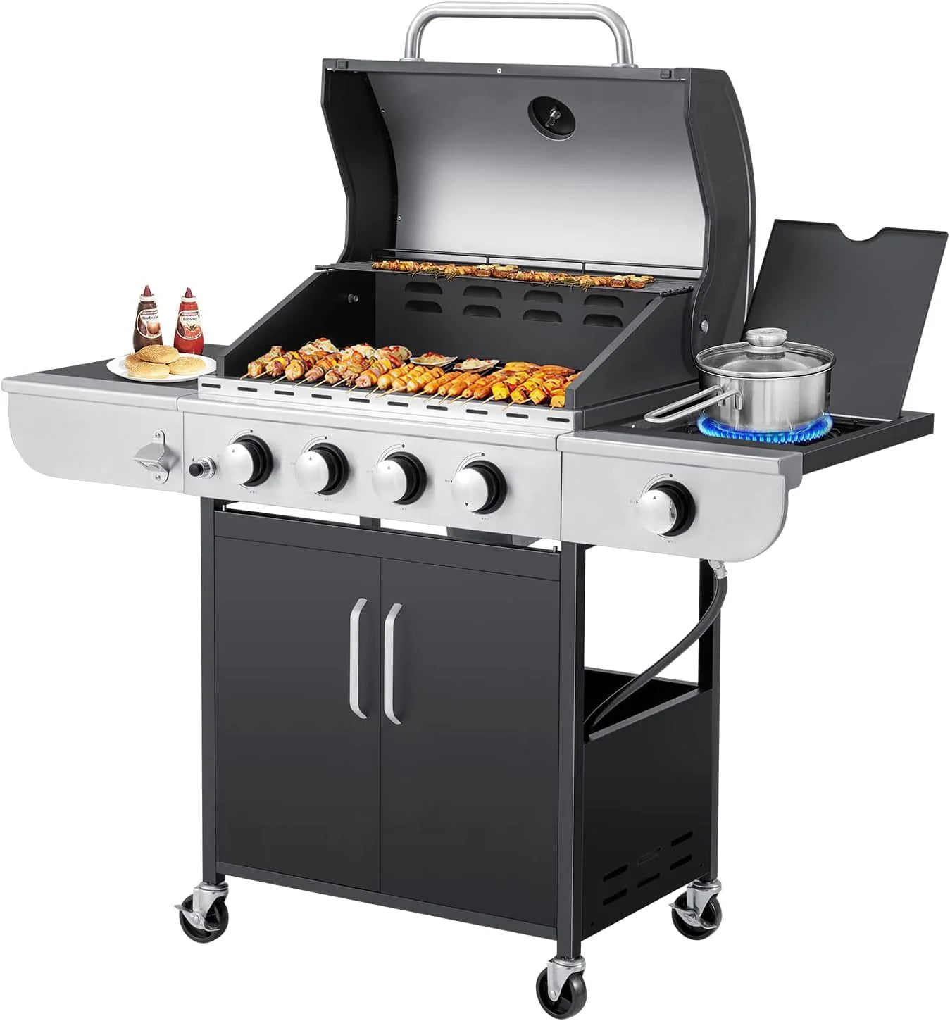 ZenVora 4-Burner Propane Gas Grill with Cast Iron Grates, Side Stove and 44,000 BTU Stainless Steel Burners
