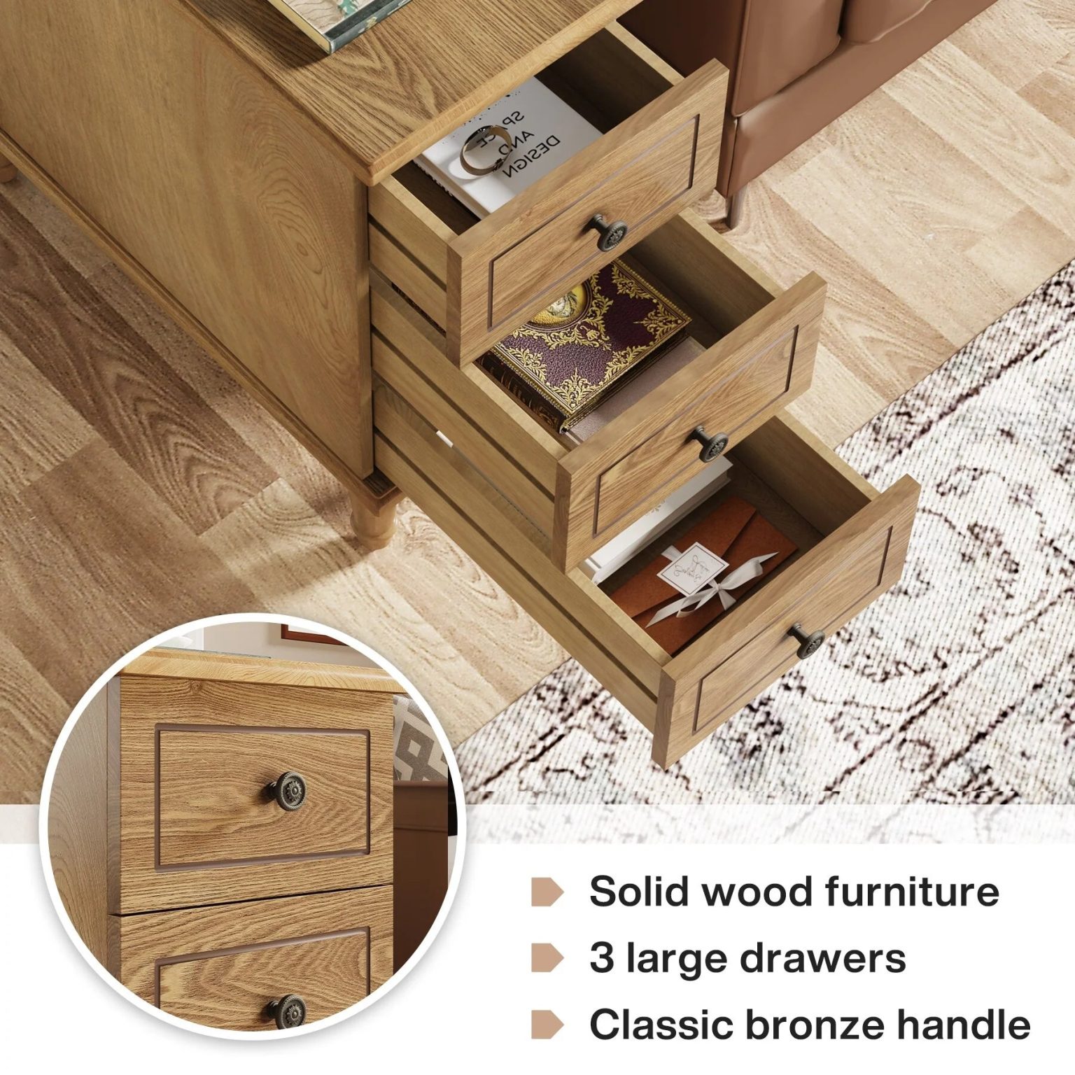 ZenVora Fully Assembled Narrow End Table, Solid Wood Side Table with 3 Drawers, Vintage Nightstand for Small Spaces