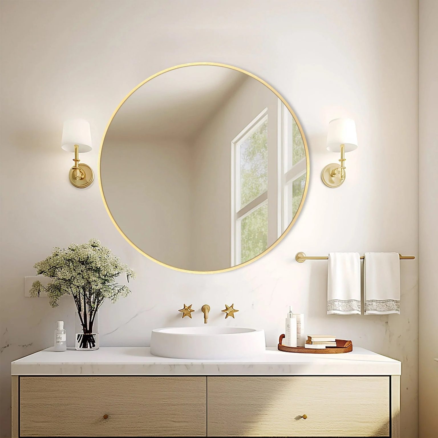 ZenVora Modern Round Bathroom Vanity Mirror, Wall Mounted Circular Mirror for Bathroom, Bedroom and Home Decor