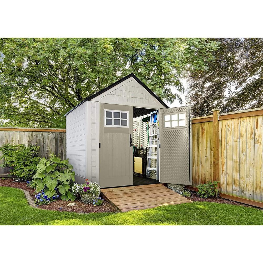 ZenVora 7 x 7-Ft. Resin Outdoor Garden Storage Shed with Windows and Utility Hooks, Sand
