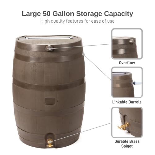 ZenVora 50 Gallon Rain Barrel with Brass Spigot, Large Outdoor Rainwater Collection and Storage Container for Garden