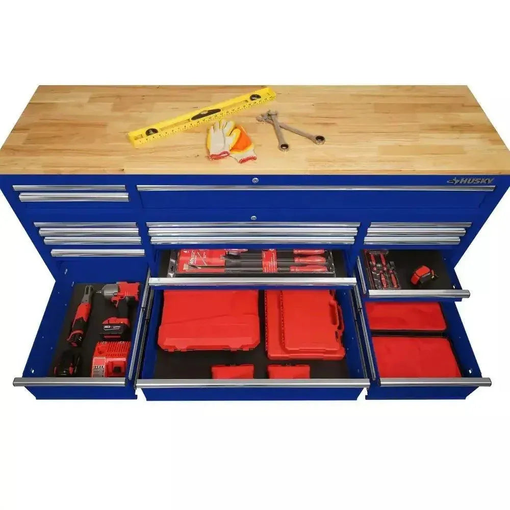 ZenVora 72-Inch 18-Drawer Mobile Workbench with Solid Wood Top, Gloss Blue