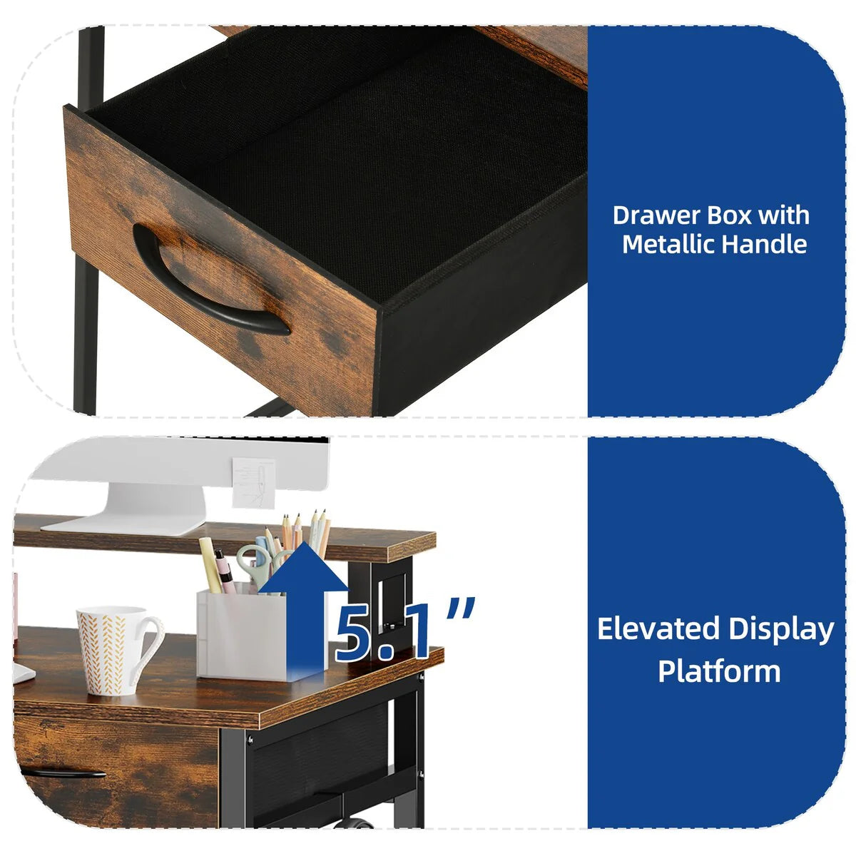 ZenVora Small Computer Desk with Fabric Drawers and Monitor Stand, Compact Home Office Workstation for Small Spaces