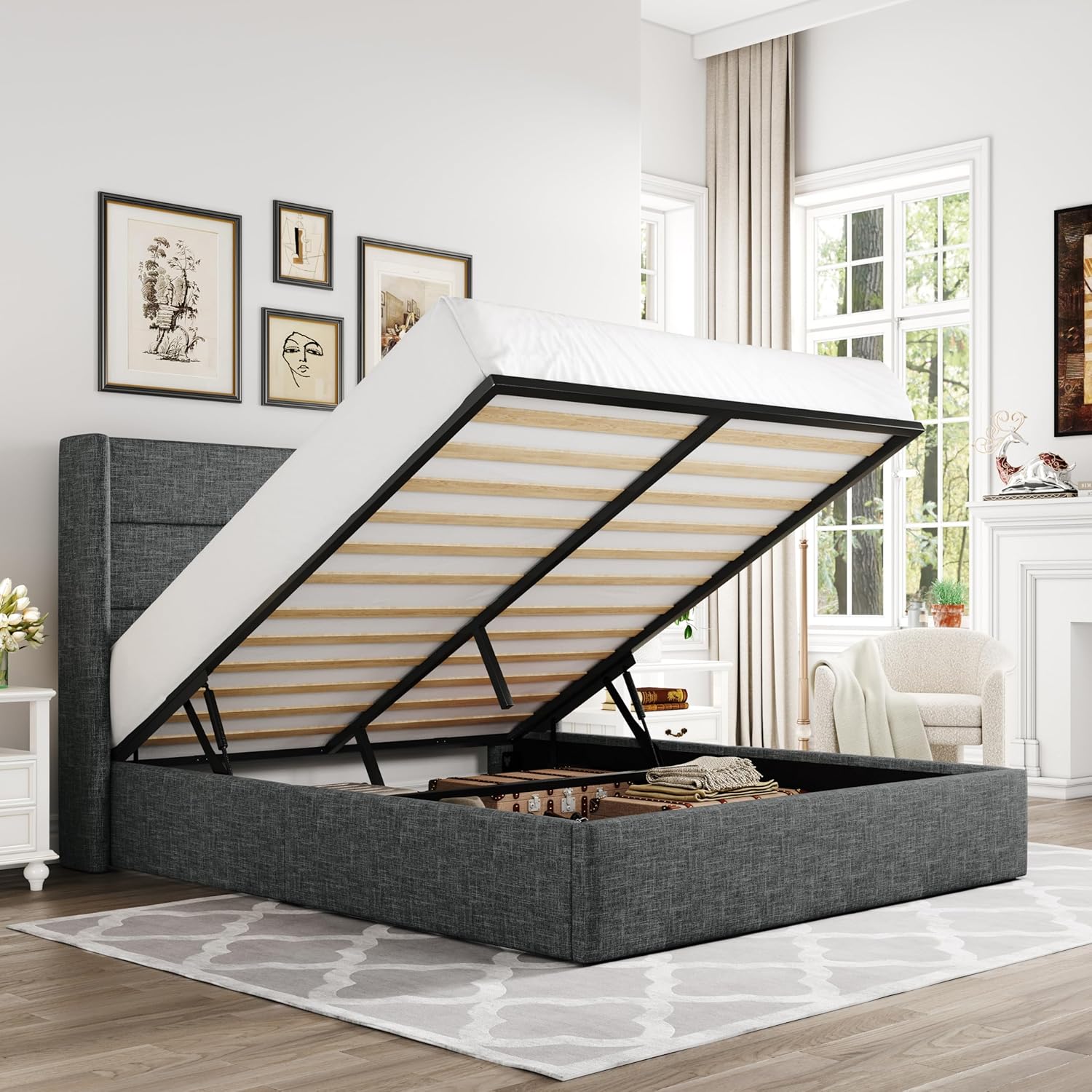 ZenVora Queen Size Lift Up Storage Bed with Wingback Headboard, Upholstered Platform Bed Frame with Hidden Storage