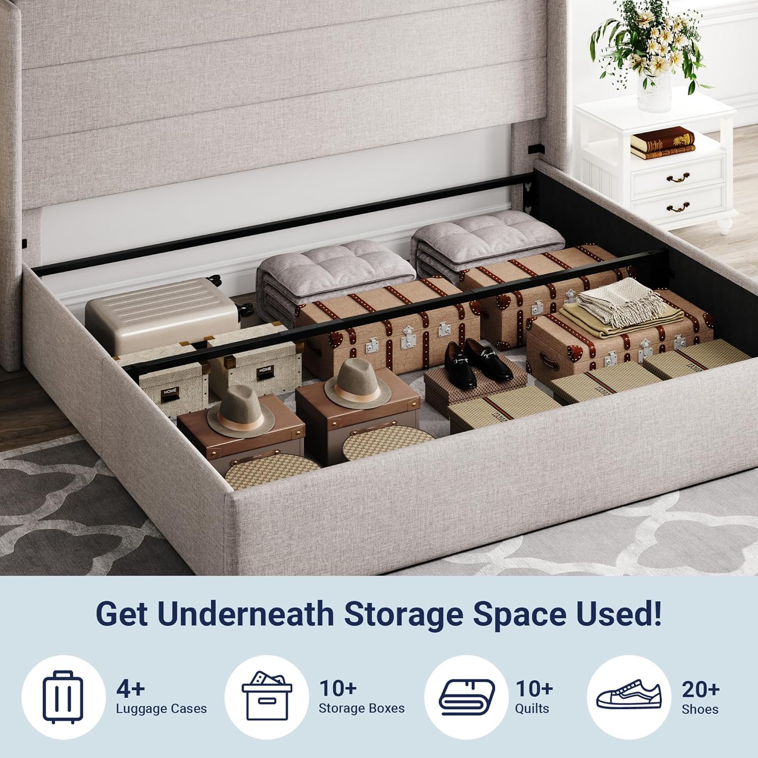 ZenVora Queen Size Lift Up Storage Bed with Wingback Headboard, Upholstered Platform Bed Frame with Hidden Storage