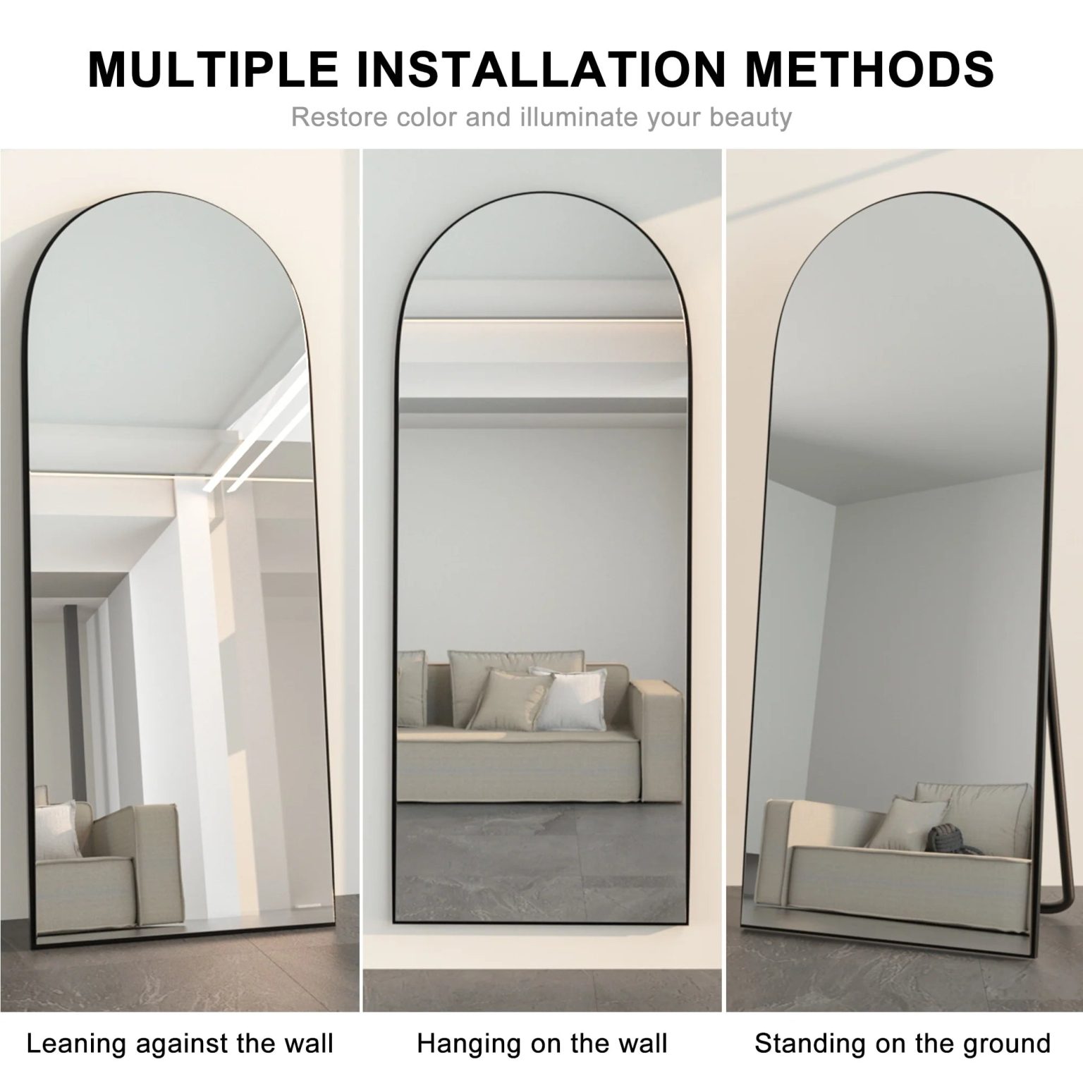 ZenVora Arched Full Length Wood Floor Mirror, Full Body Standing and Wall Mounted Mirror for Bedroom, Living Room and Home Decor