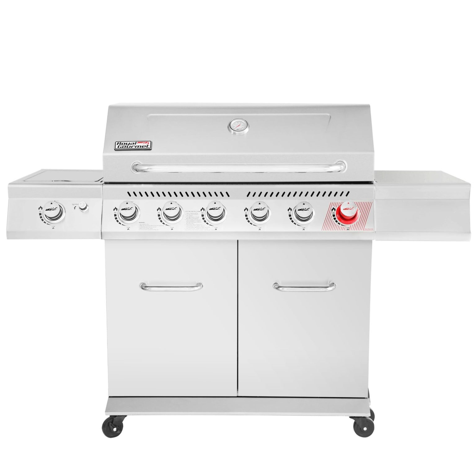 ZenVora Stainless Steel 6-Burner Gas Grill – 74,000 BTU with Sear & Side Burner, Cabinet Style