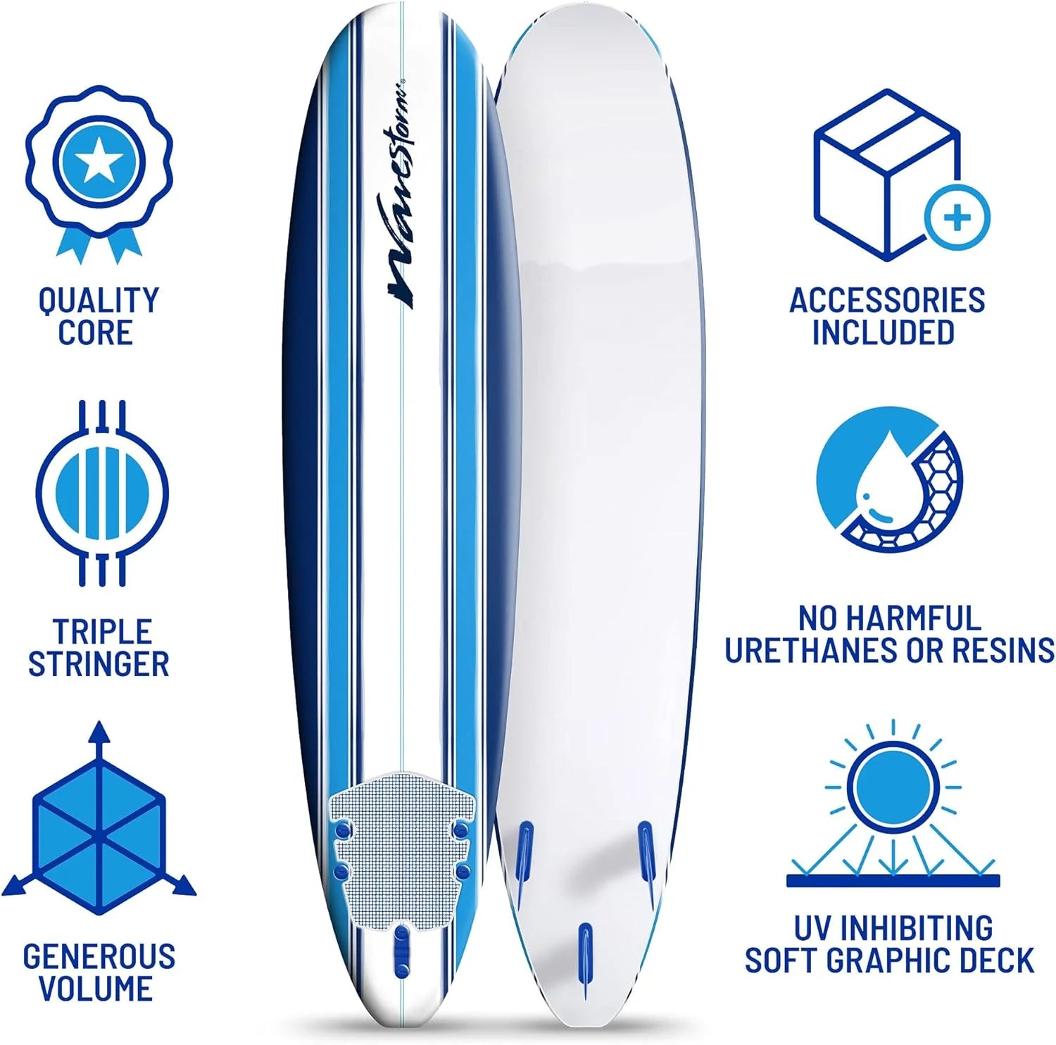 ZenVora 8ft Soft Top Foam Surfboard – EPS Core with 3 Stringers, Wax-Free Longboard, 200lb Capacity