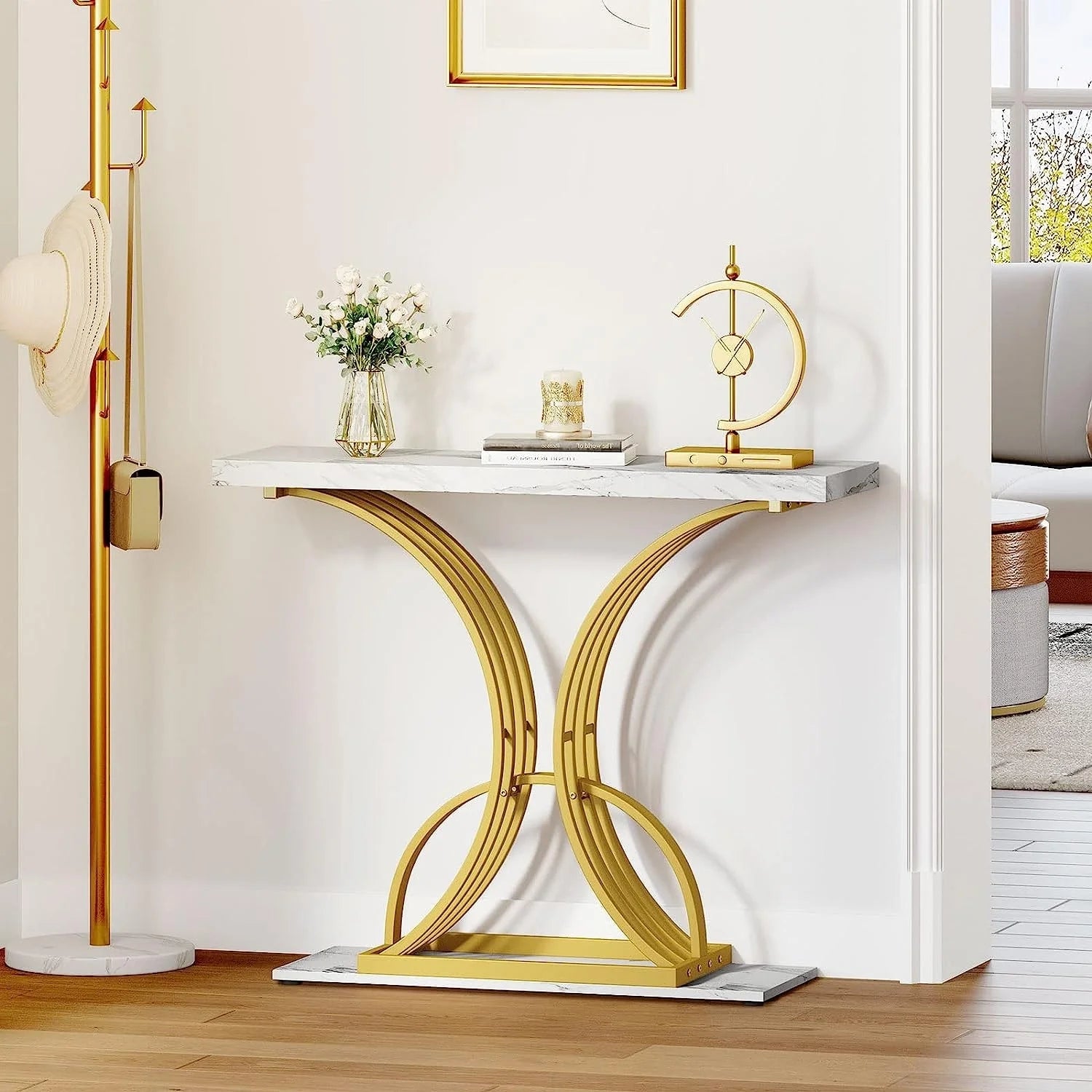 ZenVora Modern Gold Console Table with Marbled Top, Sofa Table for Entryway and Hallway