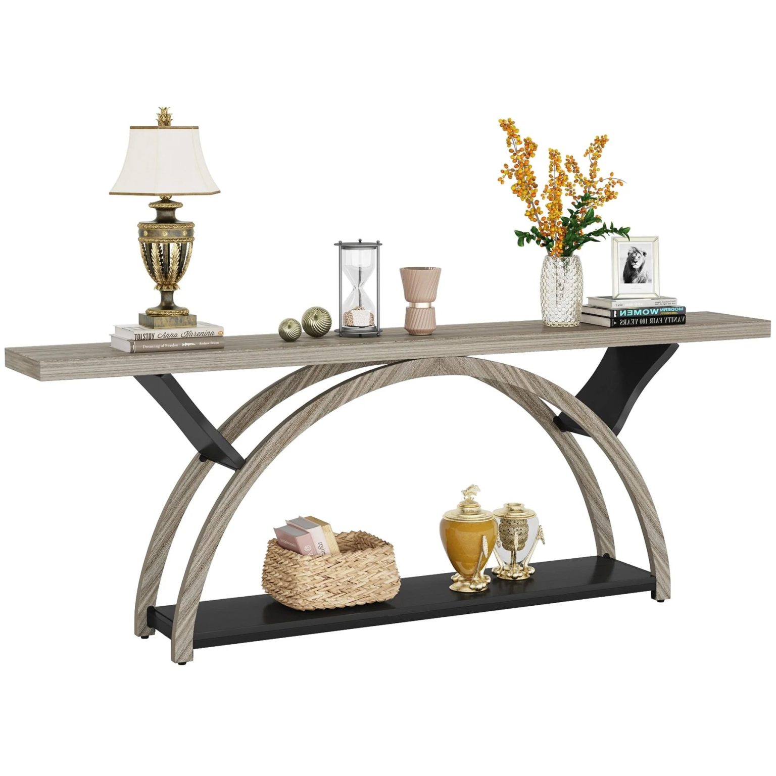 ZenVora Gray 2-Tier Slim Console Sofa Table, Semi-Circular Metal Frame for Hallway