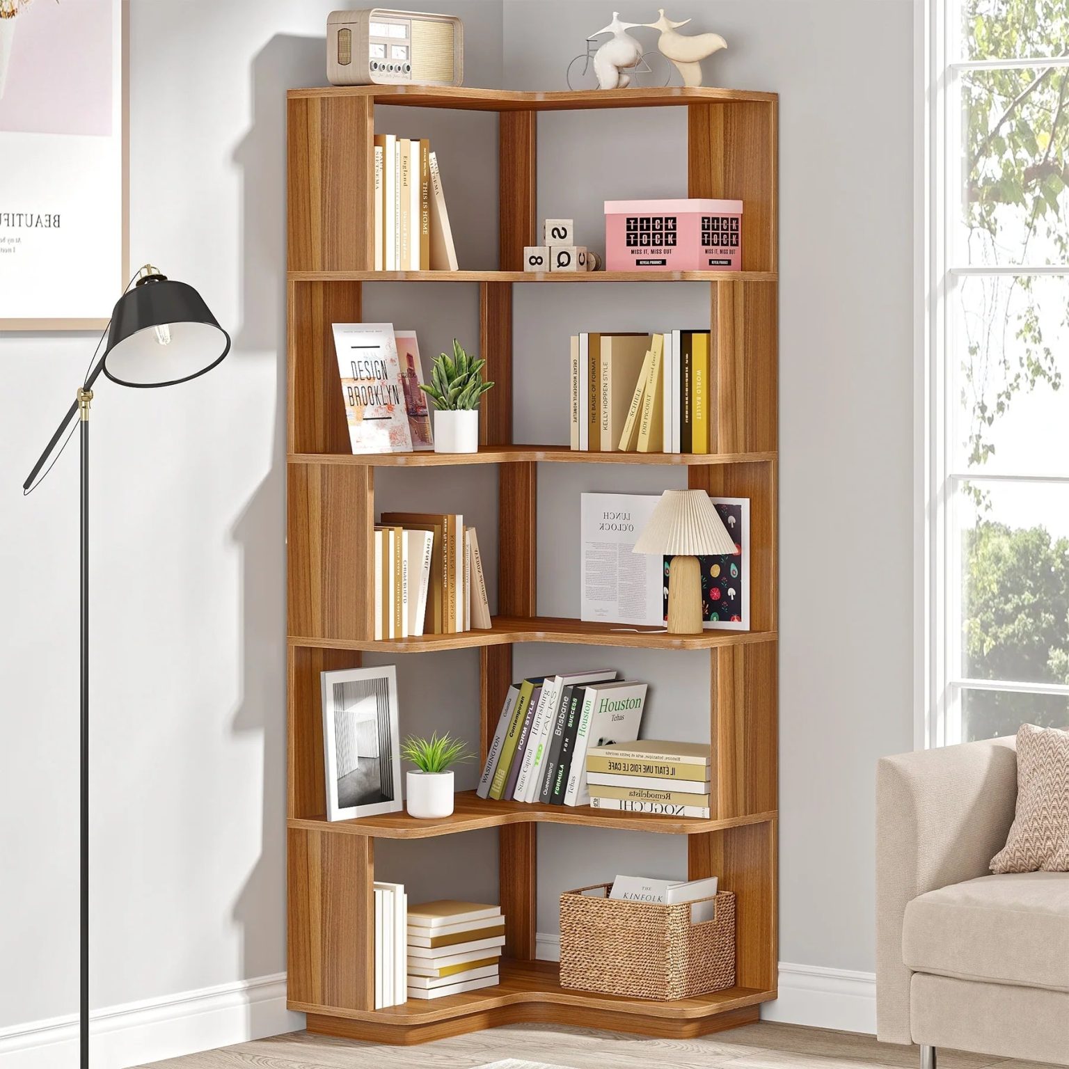 ZenVora 64.9 Inch Tall 6-Tier Corner Bookshelf, Freestanding Wood Industrial Bookcase