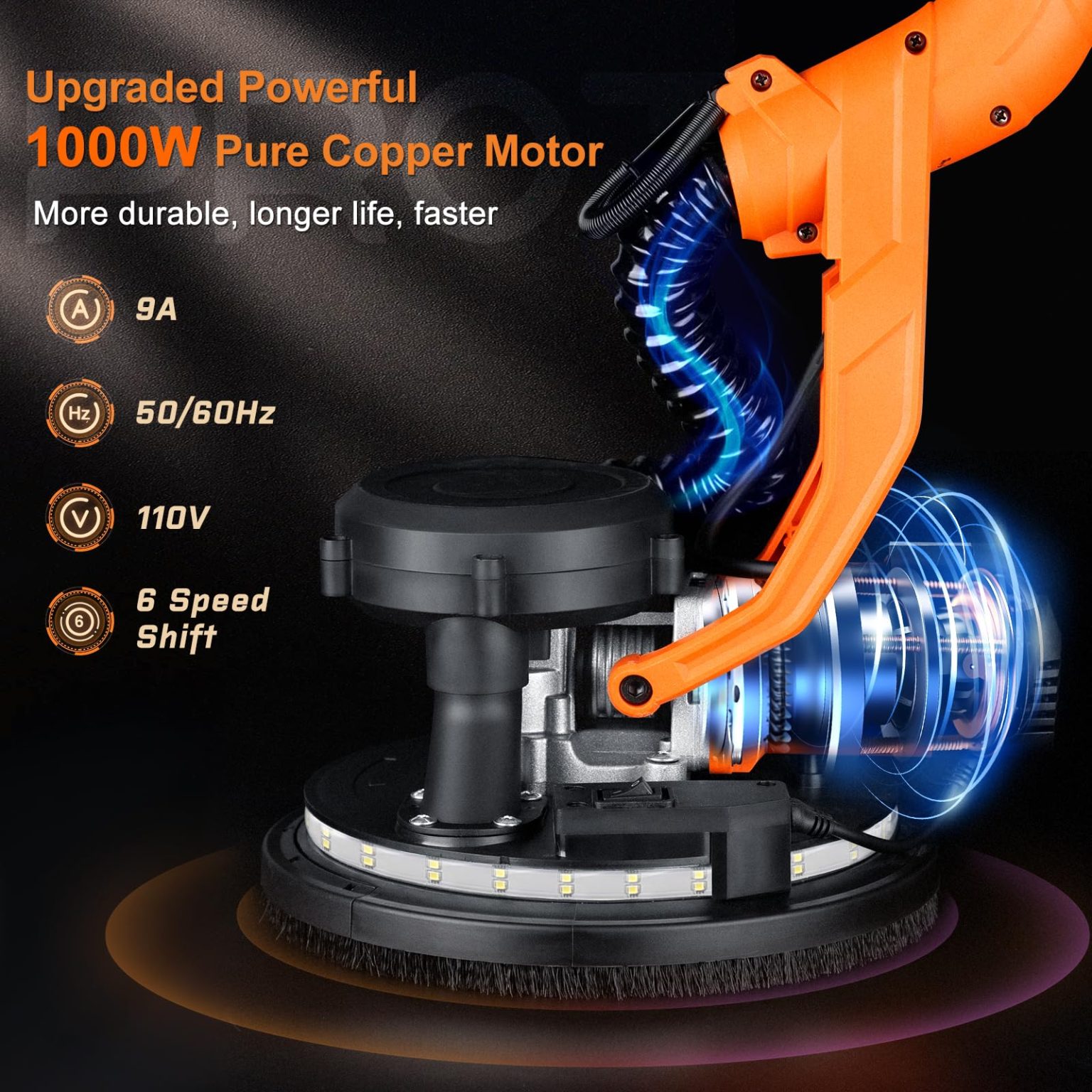ZenVora 1000W Drywall Sander with Vacuum and LED Light, Electric Wall and Ceiling Sander with Dust Collection