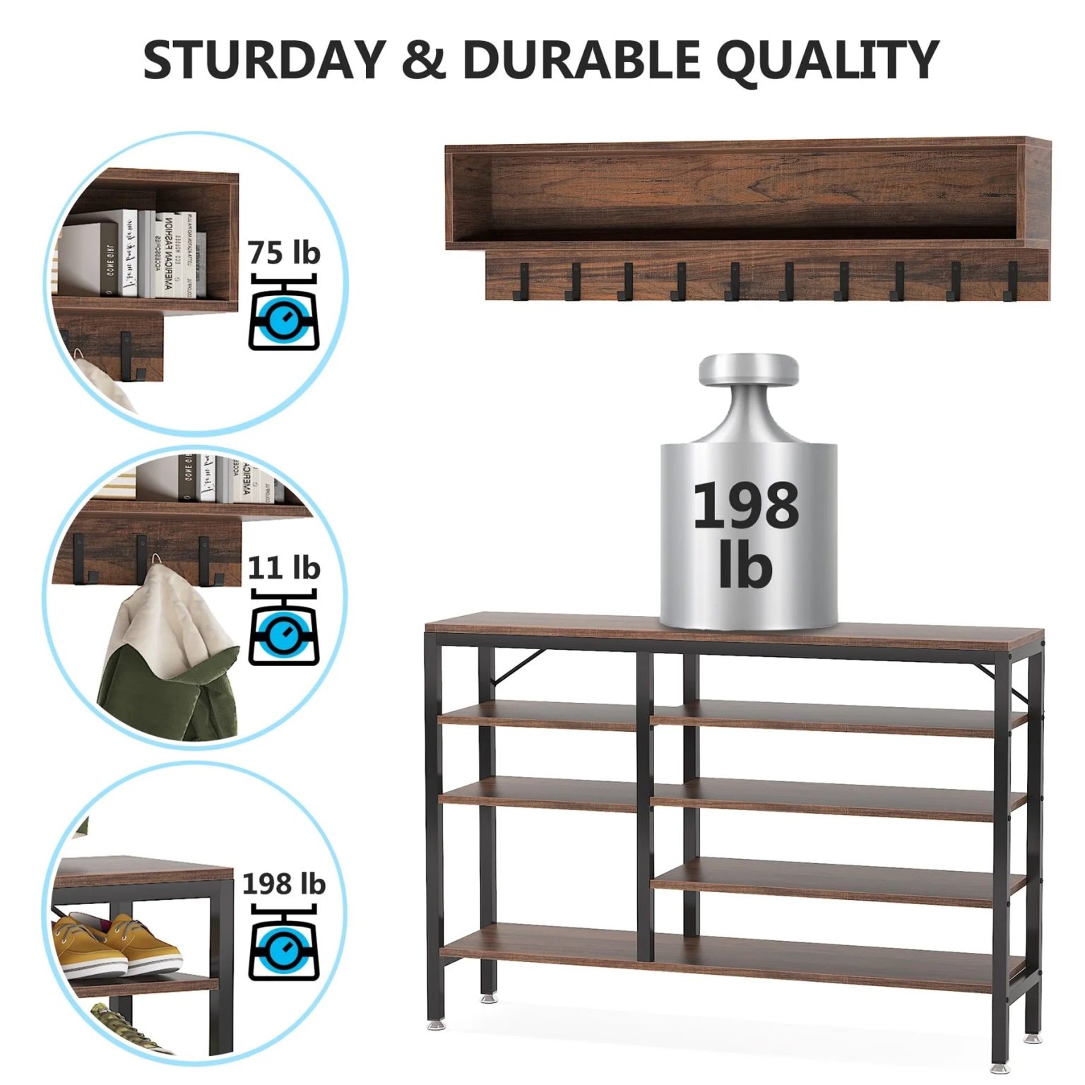 ZenVora Entryway Coat Rack and Shoe Bench Set, Industrial Hall Tree with Coat and Shoe Storage