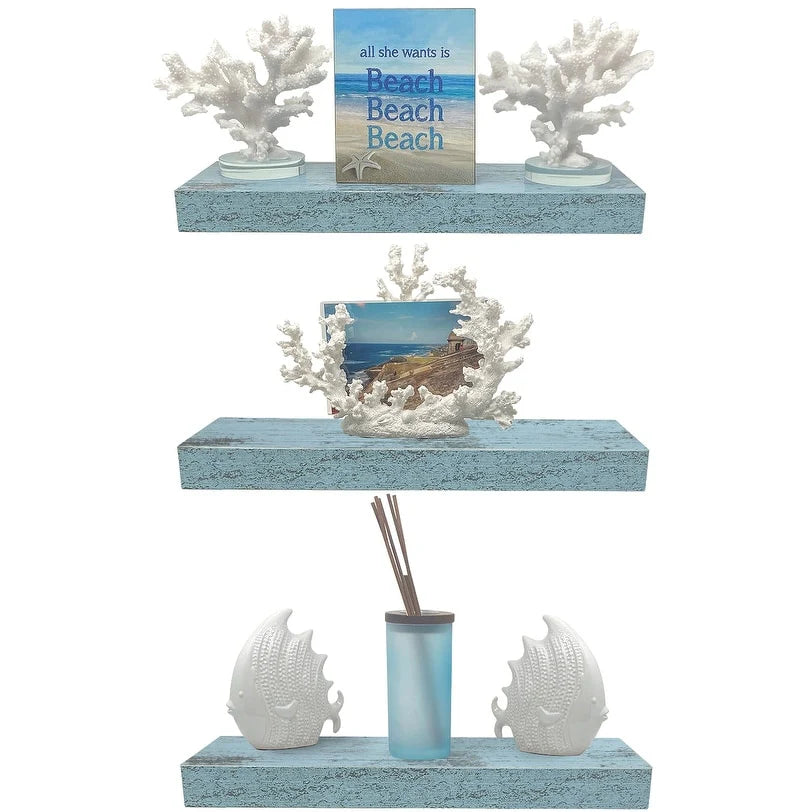 ZenVora 3-Pack Rustic Wood Floating Wall Shelves, Beach Style Hanging Display and Storage Shelves