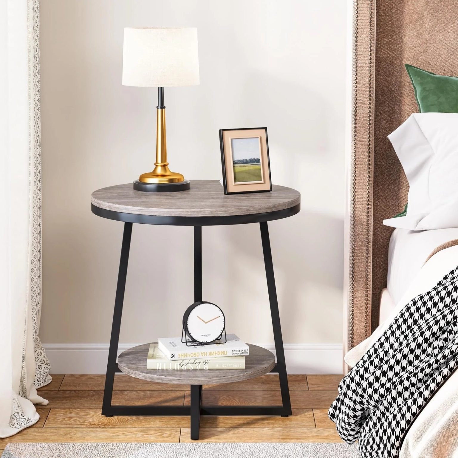 ZenVora Industrial Round End Table, Small Side Table and Accent Coffee Table for Living Room and Bedroom