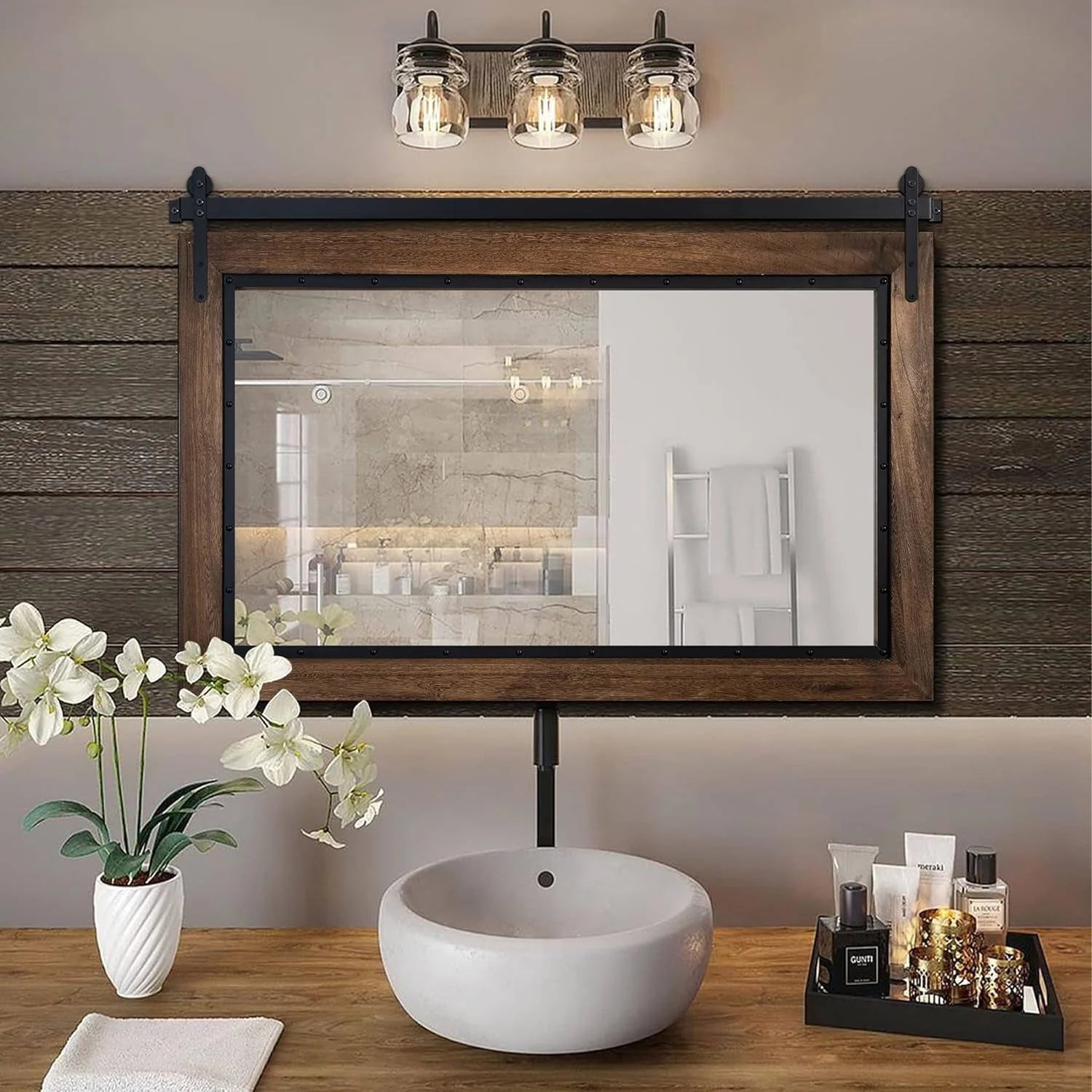 ZenVora Farmhouse Barn Door Style Bathroom Vanity Mirror, Natural Wood Wall Mirror for Bathroom, Bedroom and Entryway
