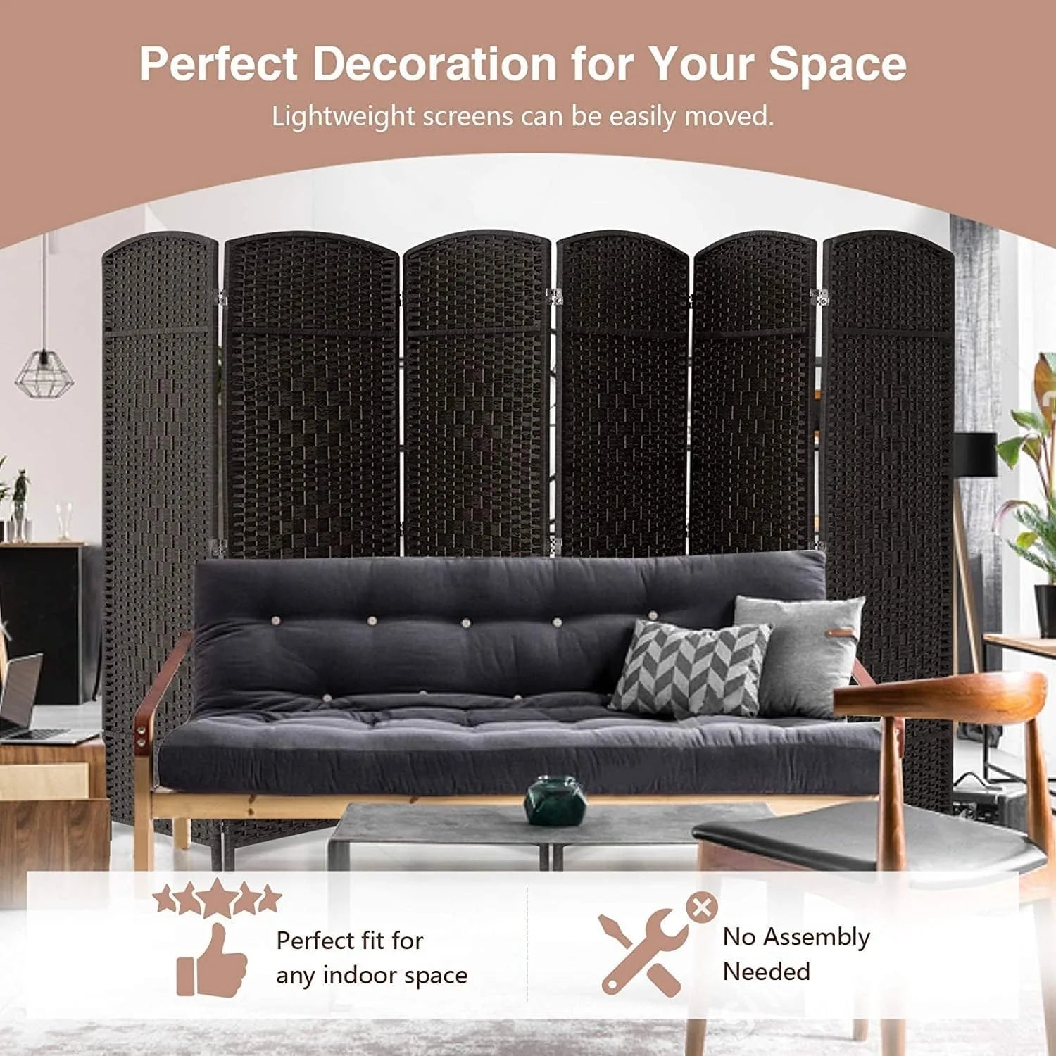 ZenVora 6 FT Tall Woven Fiber Room Divider, Freestanding Folding Privacy Screen