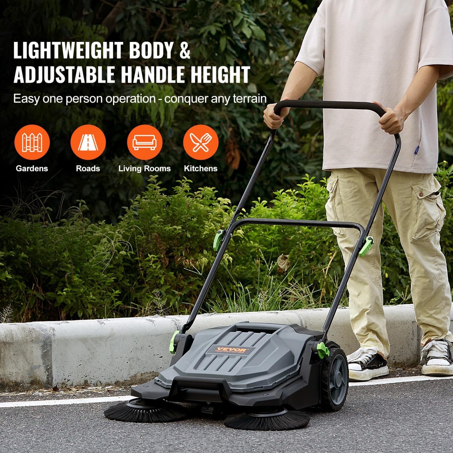 ZenVora Walk-Behind Hand Push Floor Sweeper, 5-Gallon Waste Container, Manual Outdoor Sweeping Machine