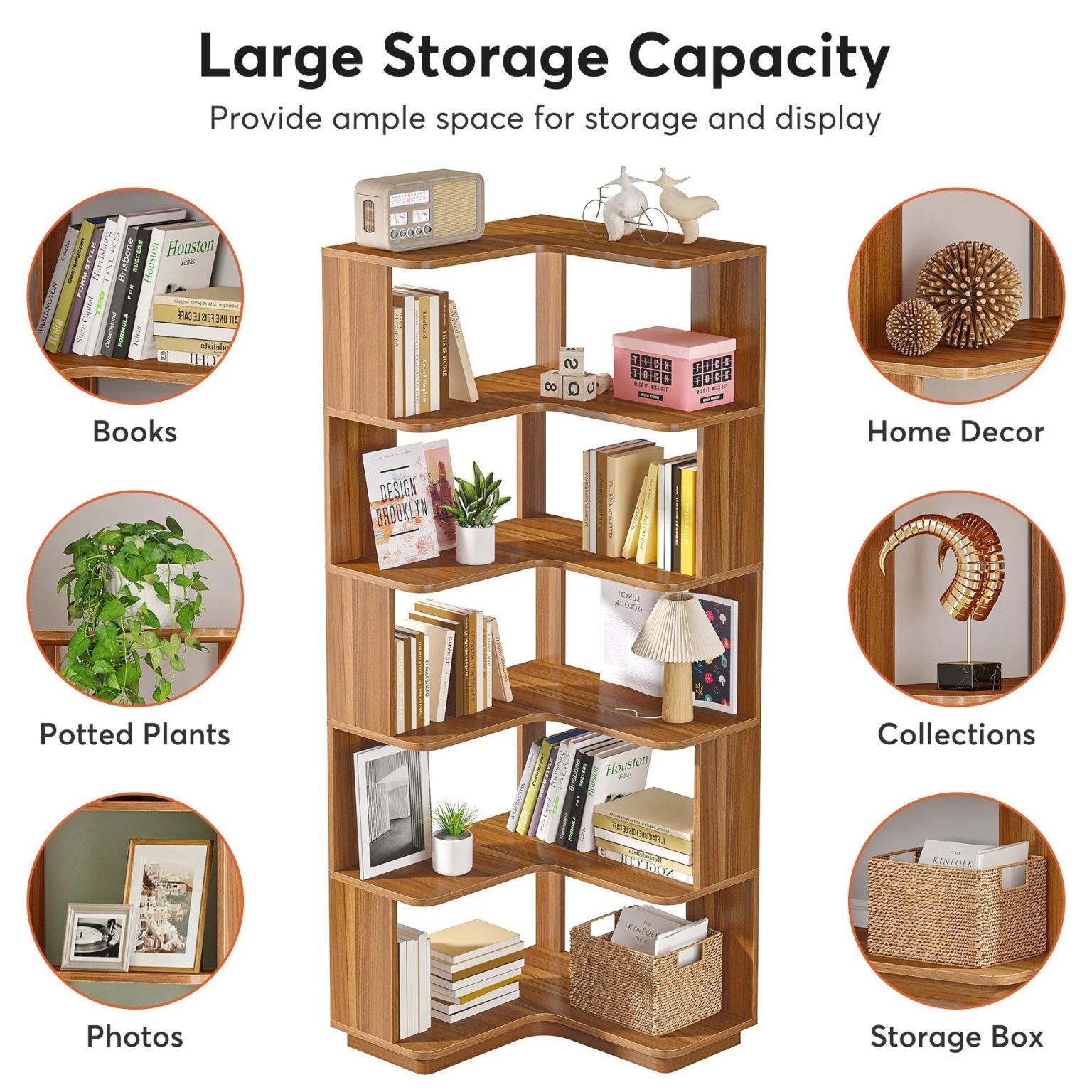 ZenVora 64.9 Inch Tall 6-Tier Corner Bookshelf, Freestanding Wood Industrial Bookcase