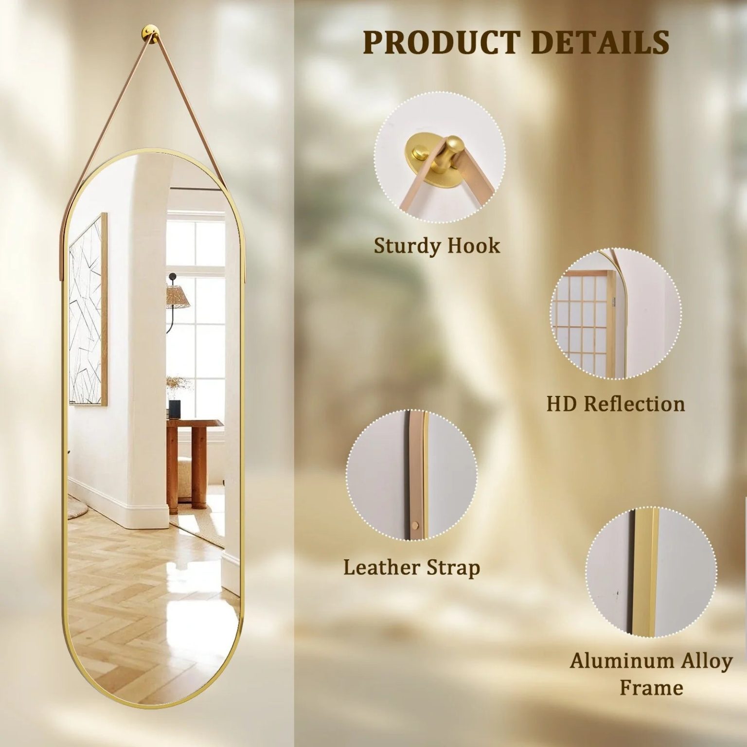 ZenVora 48 x 16 Inch Full Length Wall Mirror with Leather Strap, Hanging Full Body Mirror for Bedroom, Entryway and Home Decor