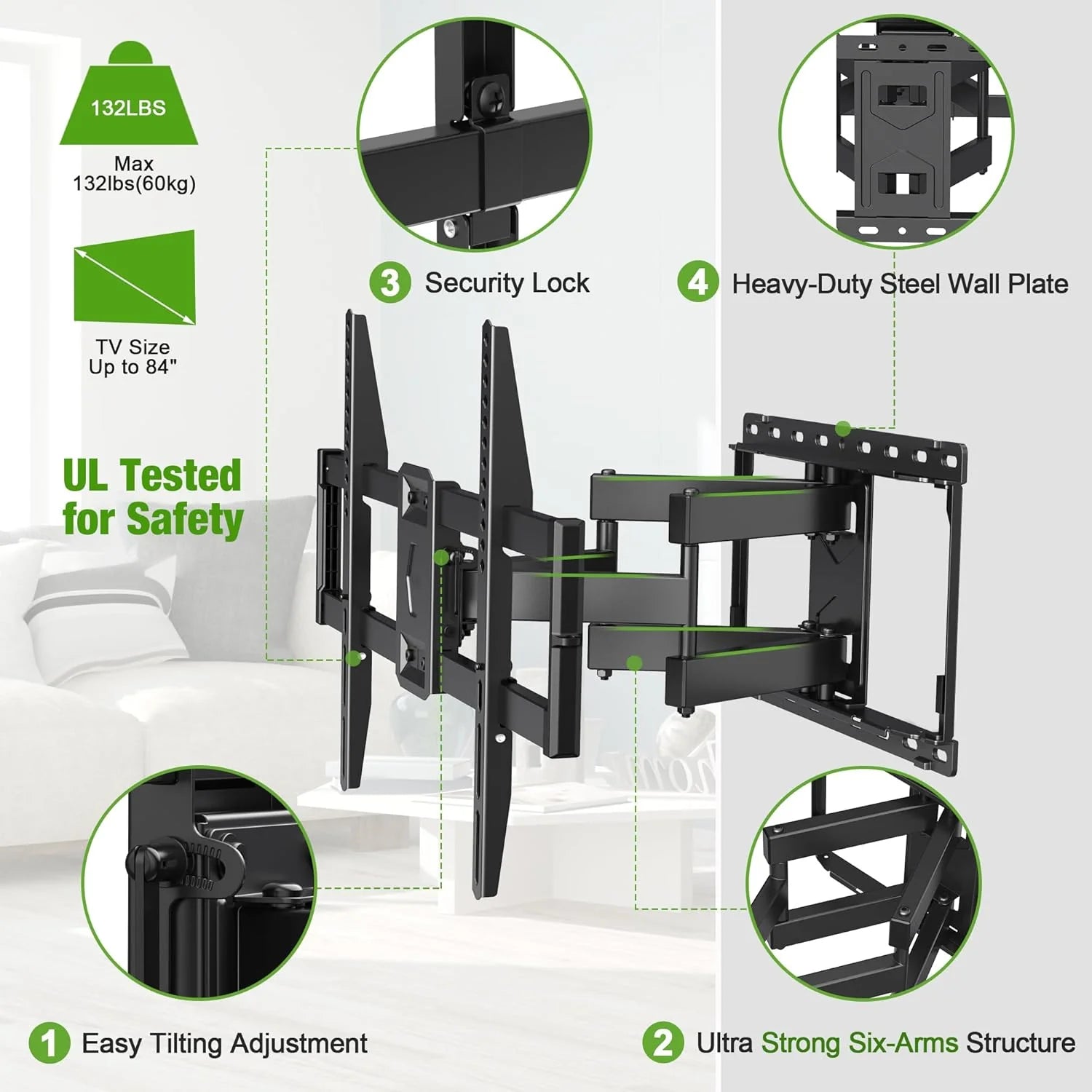 ZenVora Full Motion TV Wall Mount for Most 42-86 Inch Flat Screen TVs, Adjustable Swivel and Tilt Bracket