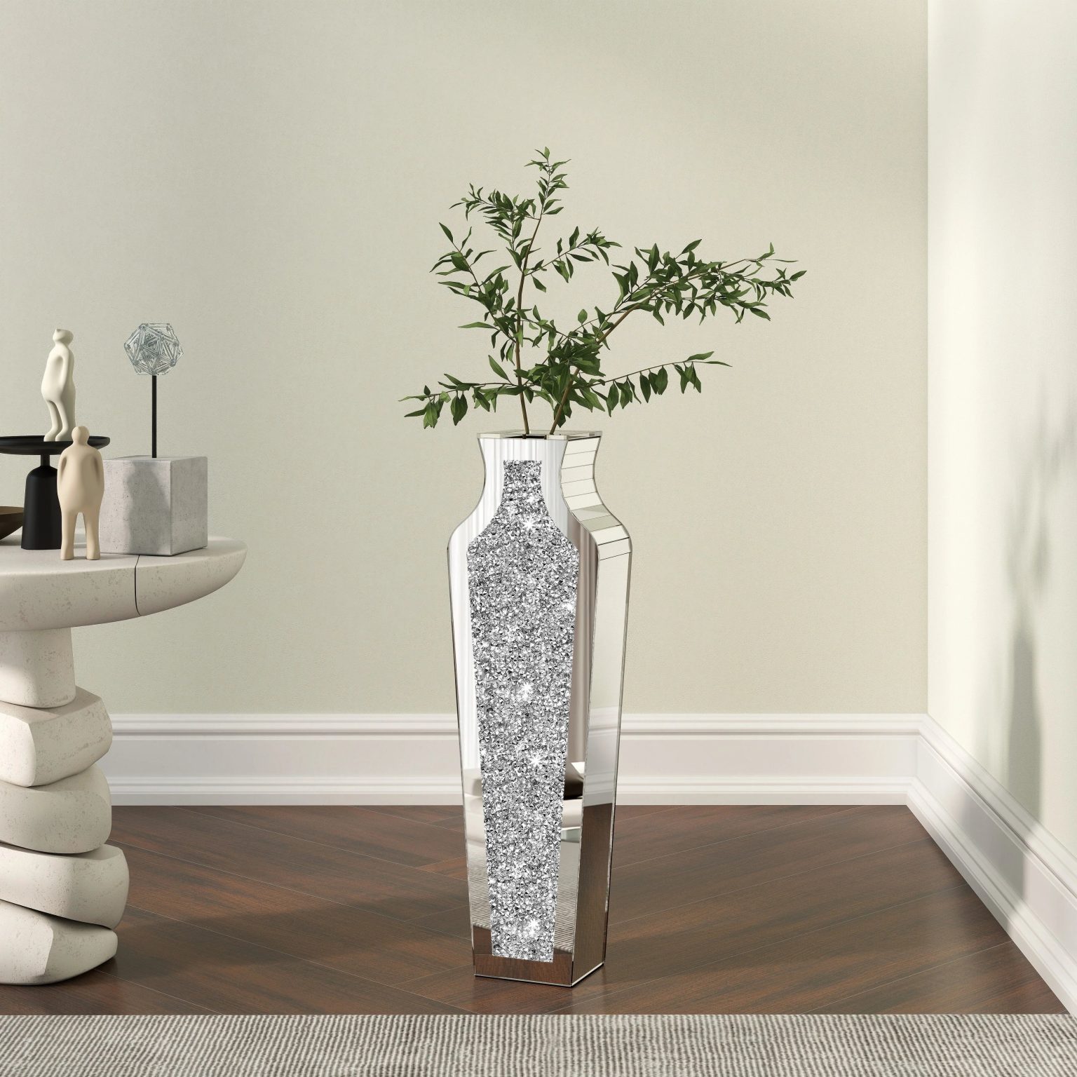 ZenVora Tall Crushed Diamond Floor Vase, Luxury Decorative Crystal Accent Vase for Living Room, Bedroom and Home Decor