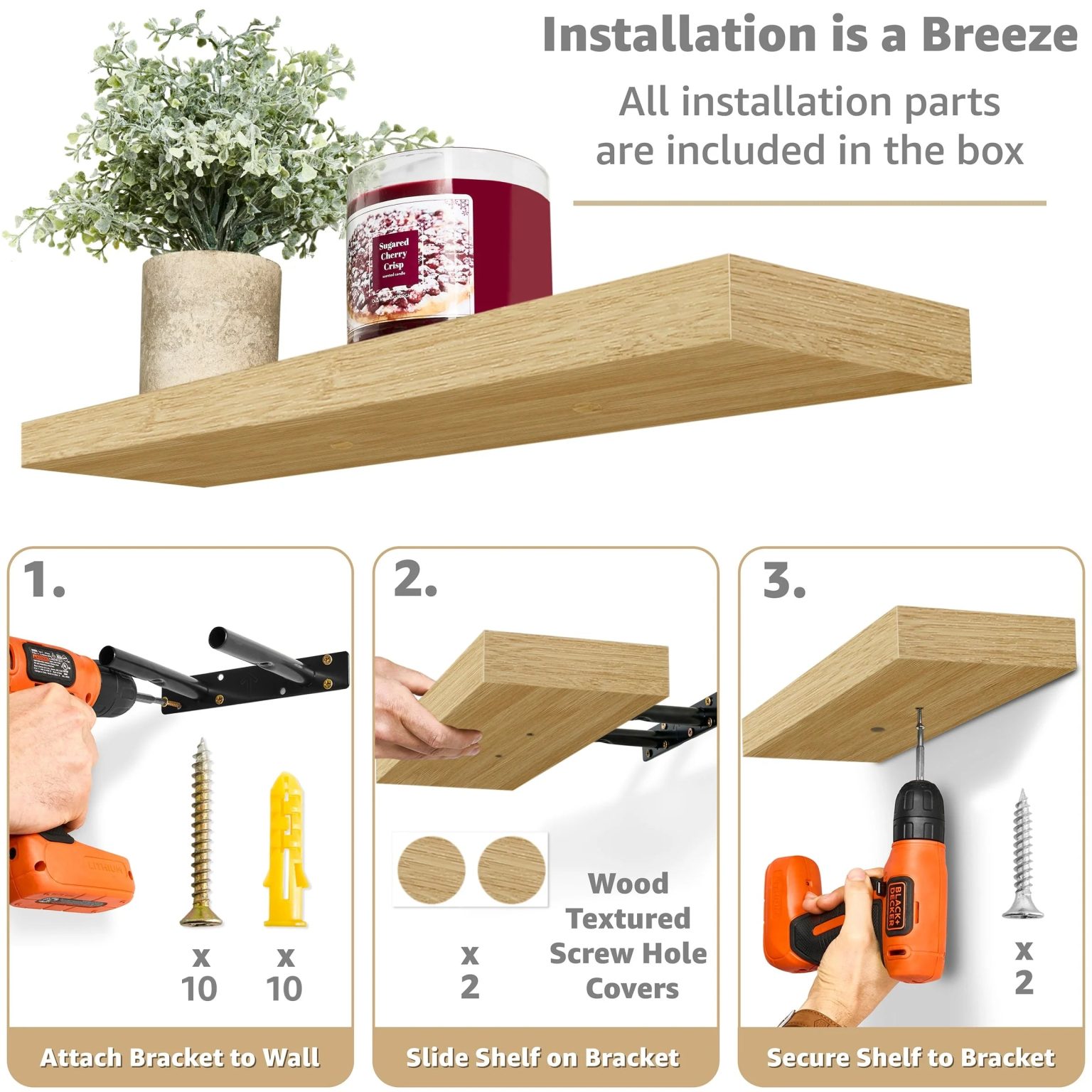 ZenVora Set of 3 Floating Wood Wall Shelves, Wall Mounted Display and Storage Shelves with Invisible Brackets for Books and Home Decor