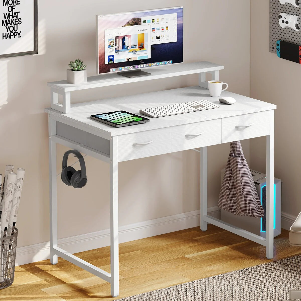 ZenVora Small Computer Desk with Fabric Drawers and Monitor Stand, Compact Home Office Workstation for Small Spaces