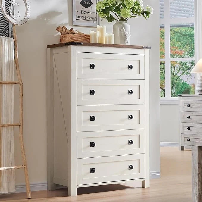 ZenVora 48 Inch Tall Farmhouse Wood Dresser, 5 Drawer Chest of Drawers for Bedroom