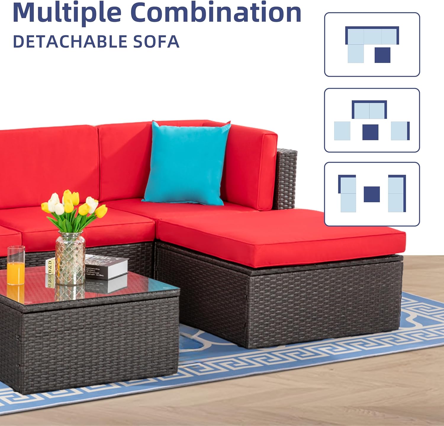 ZenVora 5-Piece All-Weather Patio Furniture Set with Ottoman, Outdoor Wicker Conversation Sofa Set with Cushions for Garden, Deck & Backyard
